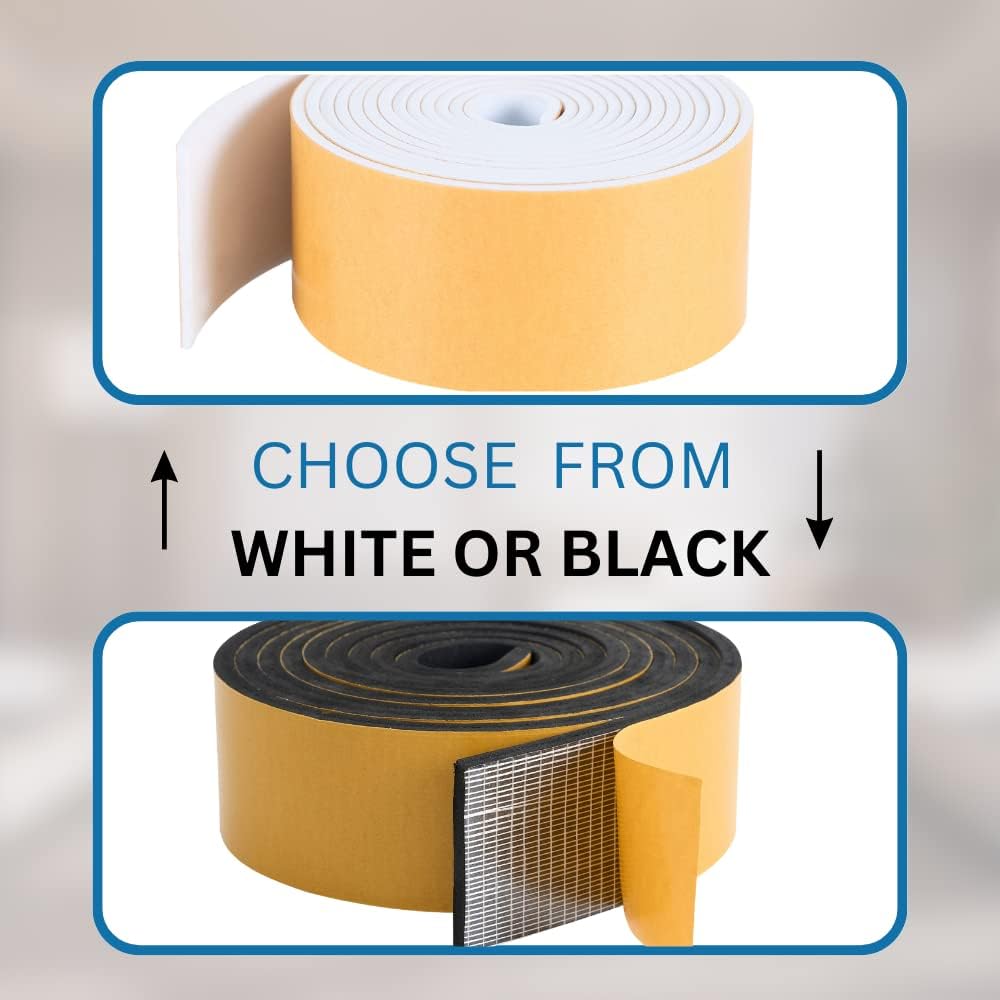 High Density Foam Weather Stripping Door Seal Strip Insulation Tape Roll for Insulating Door Frame, Window, Air Conditioner | Self Adhesive Sealing Weatherstrip (3 in x 1/4 in x 10 Ft, White)