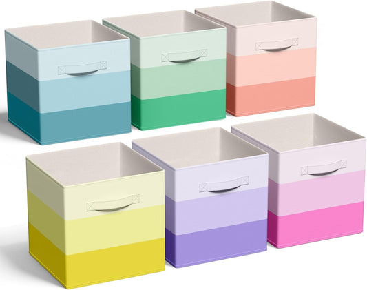 6 Pcs Fabric Storage Cubes Bins with Metal Handle 11 Inch Macaron Colored Striped Style Collapsible Bins Cube Storage Organizer for Clothes Books Kids Room Closet and Toys