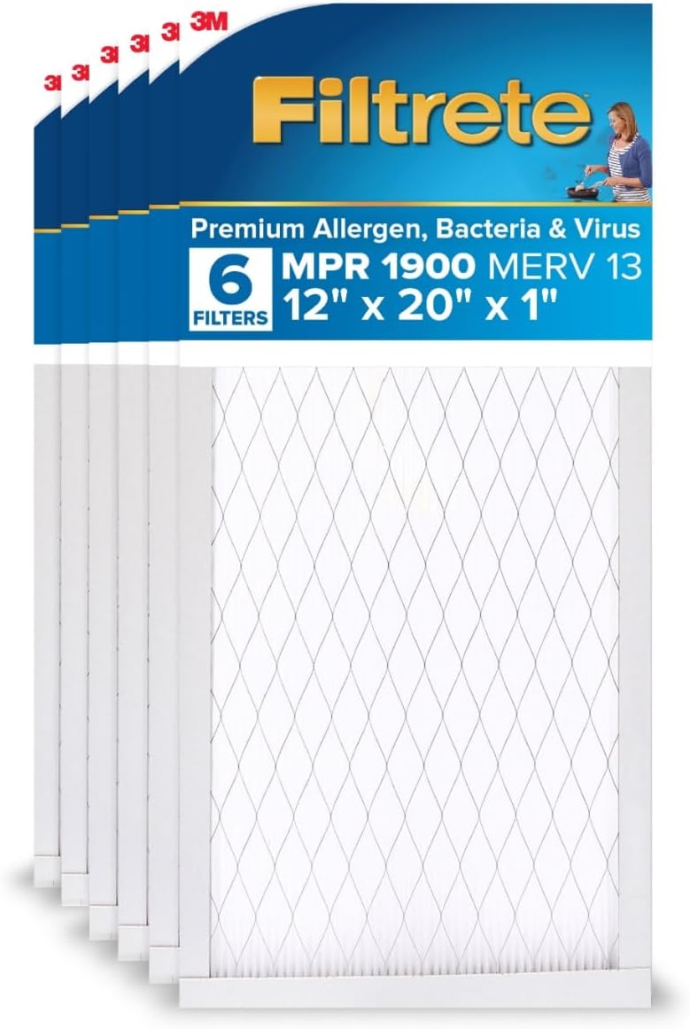 Filtrete 12x20x1 AC Furnace Air Filter, MERV 13, MPR 1900, Premium Allergen, Bacteria & Virus Filter, 3-Month Pleated 1-Inch Electrostatic Air Cleaning Filter, 6-Pack (Actual Size 11.81x19.81x0.78 in)