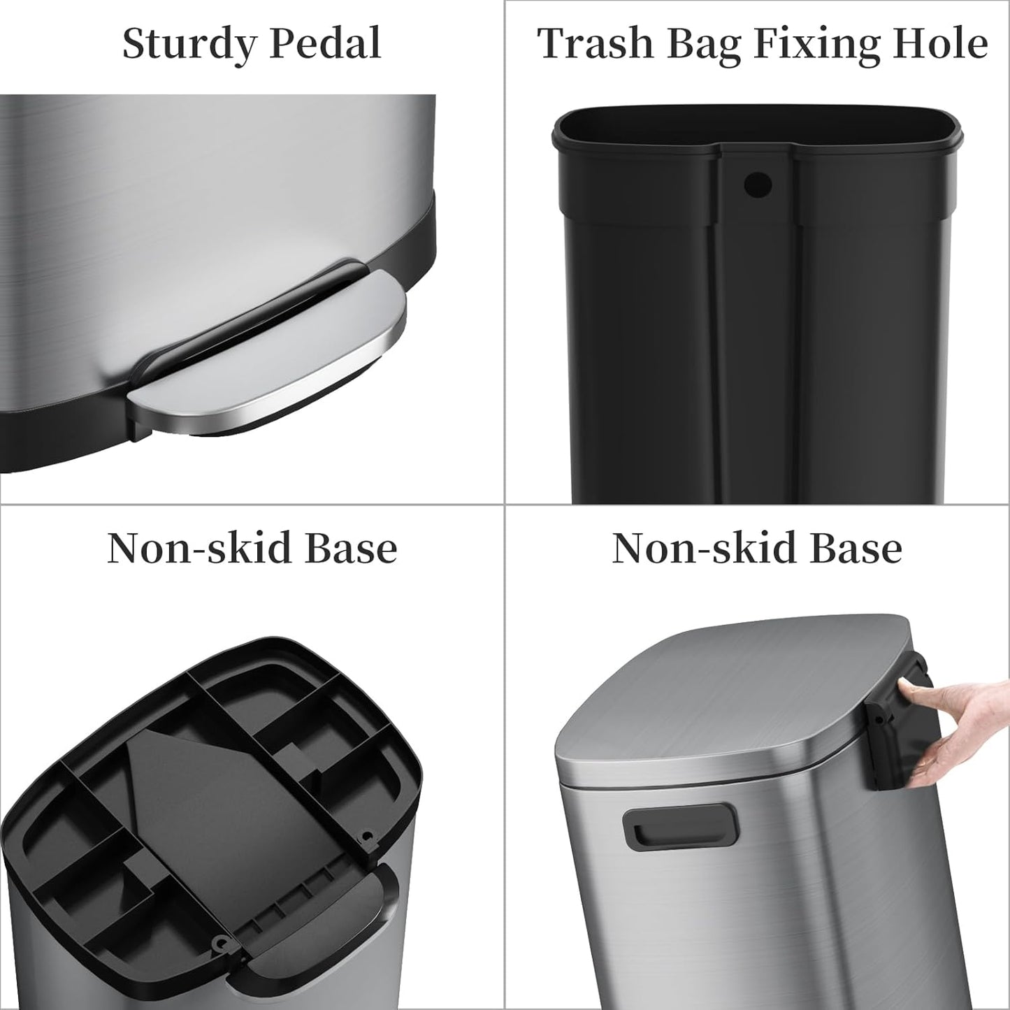 13 Gallon Trash Can with Lid, 50L Fingerprint Proof Stainless Steel Kitchen Trash Can with Removable Inner Bucket and Lid Soft Close, Pedal Rubbish Bin for Home Office（Silver）