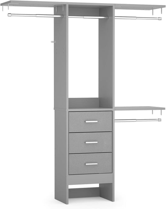 4FT Small Closet System with 3 Fabric Drawers, 48'' Closet Organizer System With 3 Adjustable Shelves, Flexible Built-In Clothes Garment Rack for Small Space, 48" L x 13" W x 71" H, Oak