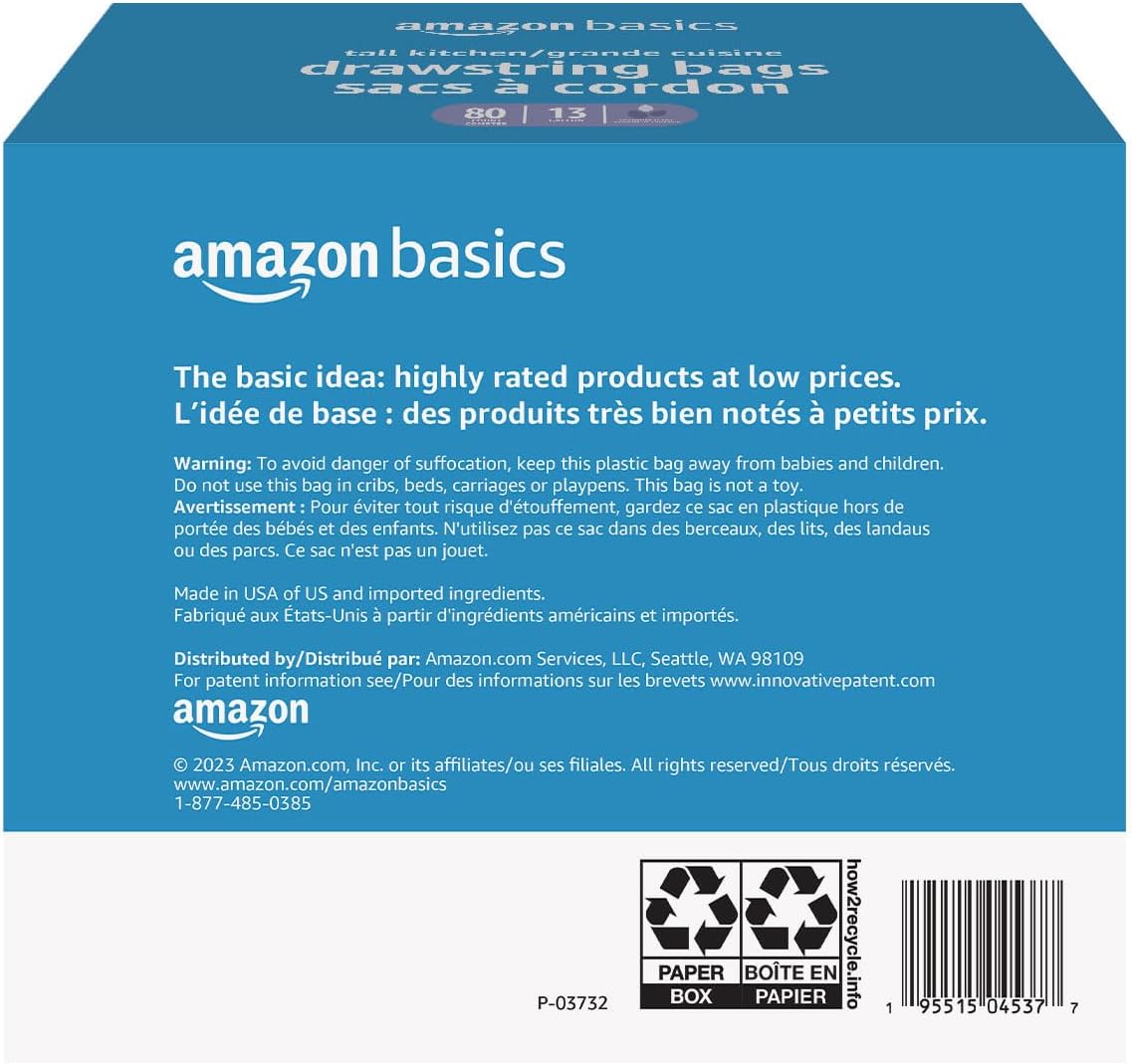 Amazon Basics Ultra-Force Tall Kitchen Drawstring Trash Bags, Lavender Scented, 13 Gallon, 80 Count, Pack of 1