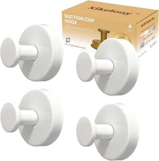 4pcs Suction Cup Hooks for Shower,Shower Towel Suction Hooks,No Drill Towel Hooks for Bathroom Wall,Kitchen,Glass,Mirror,Tile to Hang Towels,Robes,Loofah (White)