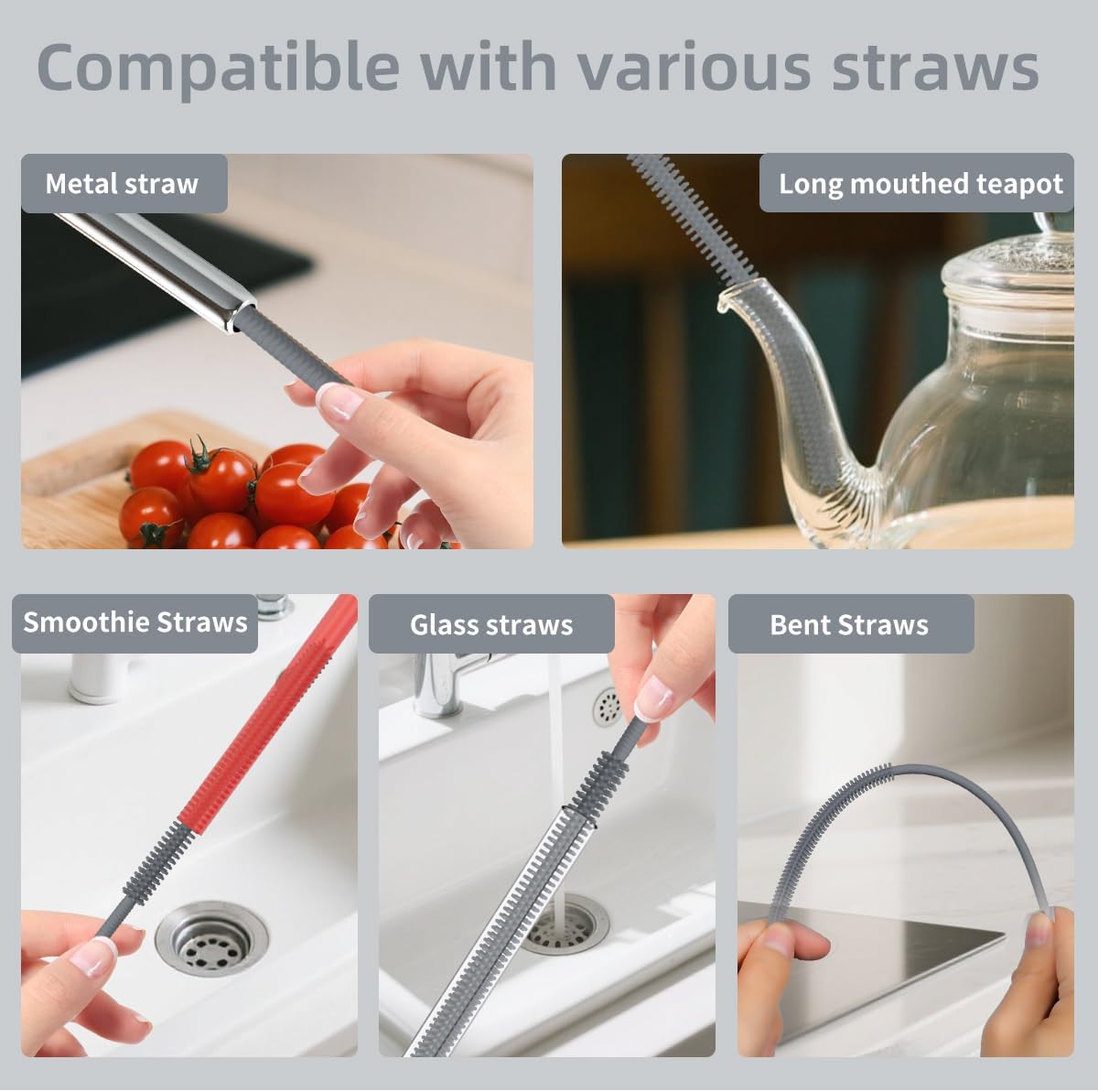 4PCS Silicone Straw Cleaner Brush, Reusable Straw Brush Extra Long for Cleaning Glass Metal Smoothie Straws and Cups, Non-Slip Handle Soft and Bendable, 2 PCS 6mm+2 PCS 9mm, Grey