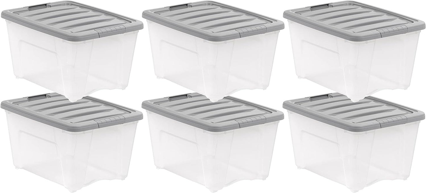 Amazon Basics Plastic Storage Containers with Secure Latching Lids, Stackable Organization Bins, 32 Quart, Set of 6, Clear/Grey