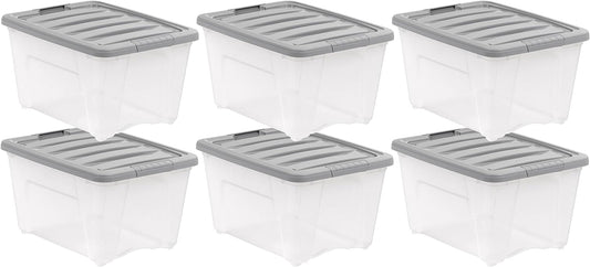 Amazon Basics Plastic Storage Containers with Secure Latching Lids, Stackable Organization Bins, 32 Quart, Set of 6, Clear/Grey