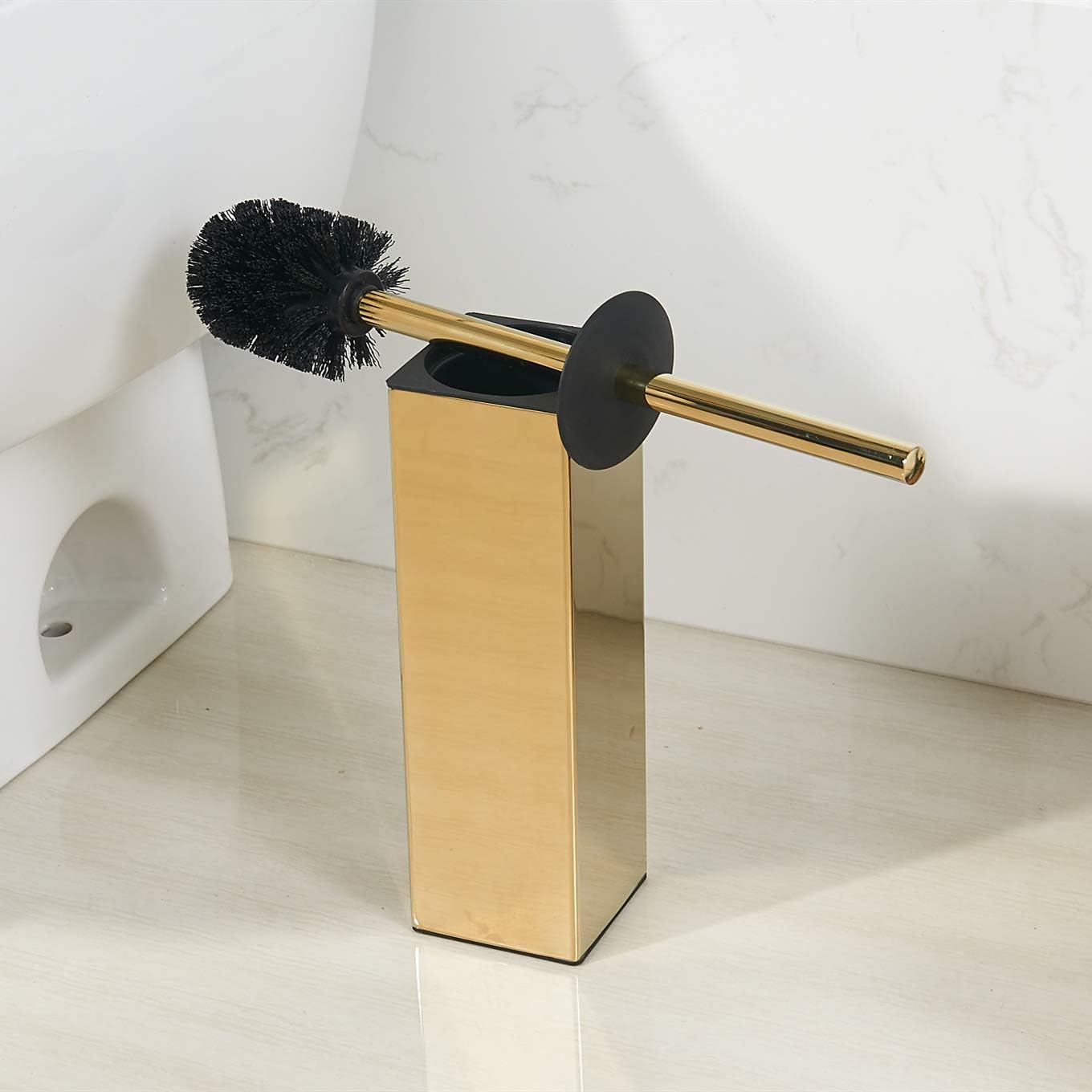 BGL Freestanding Solid Stianless Steel 304 Toilet Bowl Brush and Holder for Bathroom Storage and Organization - Space Saving, Sturdy, Deep Cleaning, Covered Brush (Gold)