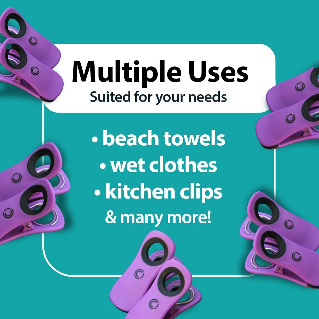 CoreClips Towel Clips for Beach Chairs - Set of 4 Pool Towel Holder Clips for Lounge Chairs on Cruise, Large 2.5” Opening Heavy Duty Clip for Towels on Boat Loungers with Travel Pouch - Purple