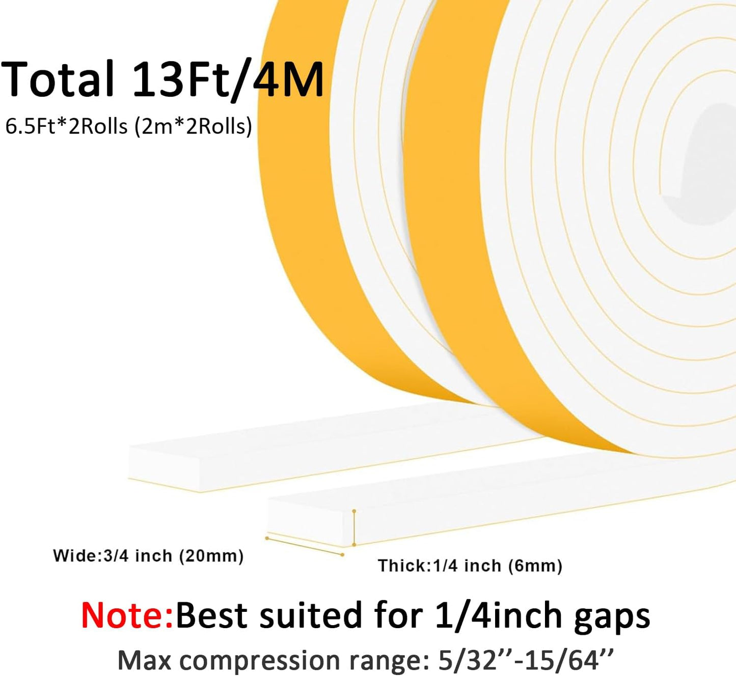 Closed Cell Foam Weather Stripping for Various Door Seal and Window Insulation, One Sided Foam Strips Adhesive, SoundProof Weatherproof AC Seal Strip, Shock-Absorbing (3/4 in x 1/4 in x 13Ft)