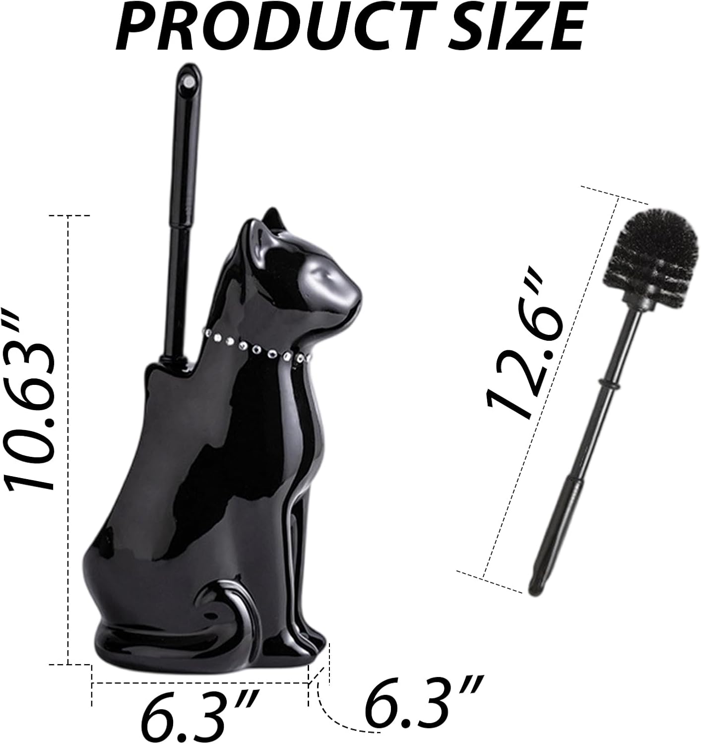 Comeon Ceramic Cat White/Black Toilet Brush and Holder Set, Plastic Handled Scrub Brush for Bathroom Cleaning,10.63"*6.3" (Black)