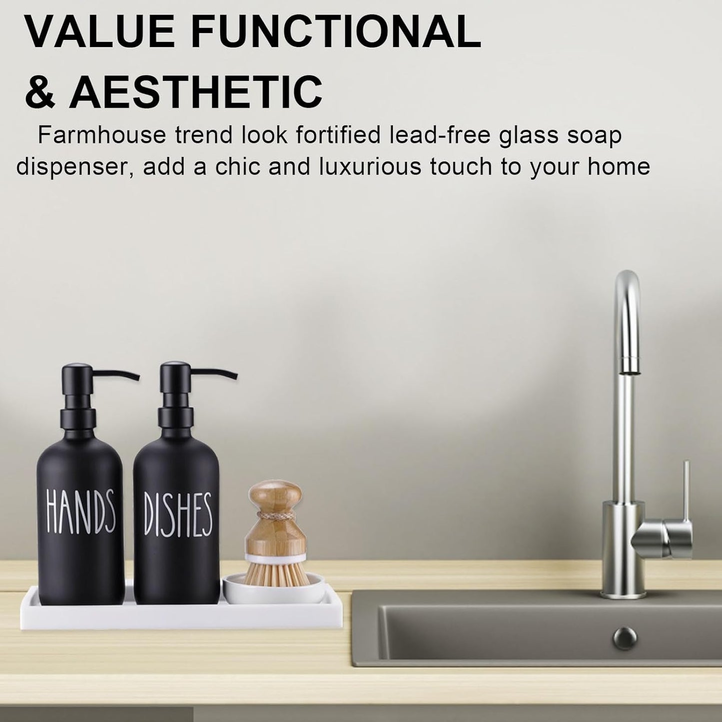 Glass Soap Dispenser for Kitchen,Farmhouse Dish &Hand Soap Dispenser Set, Rustproof Pump with Tray and Dish Brush,Kitchen Decor（Black）