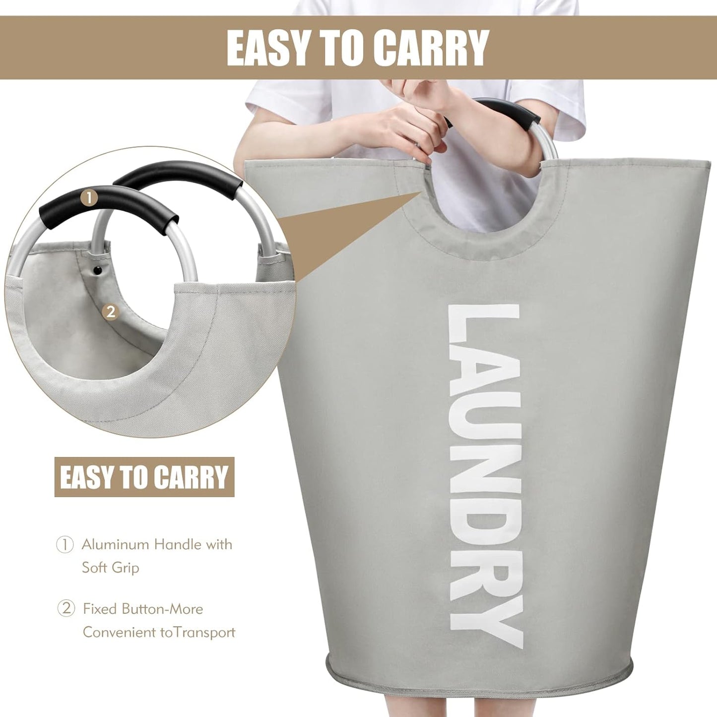 DOKEHOM 90L Large Laundry Basket, Collapsible Laundry Bag, Freestanding Tall Clothes Hamper, Foldable Washing Bin (Grey)