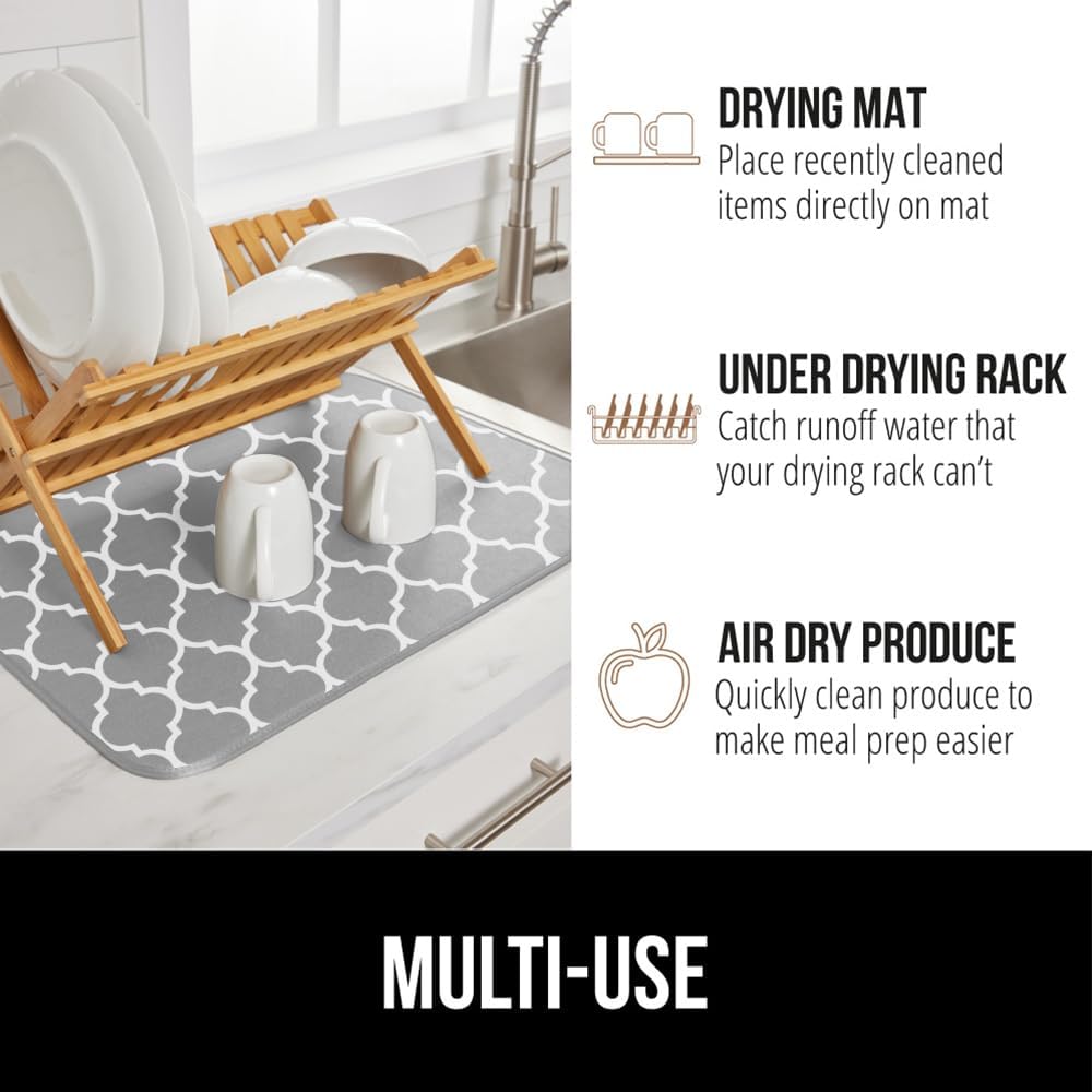 GORILLA GRIP Ultra Water Absorbent Microfiber Dish Drying Mat, Quick Dry Thick Mesh, Slip Resistant Pad for Sink Dishes or Under Rack, Kitchen Counter Accessories, 16x18, Machine Wash Mats, Quatrefoil