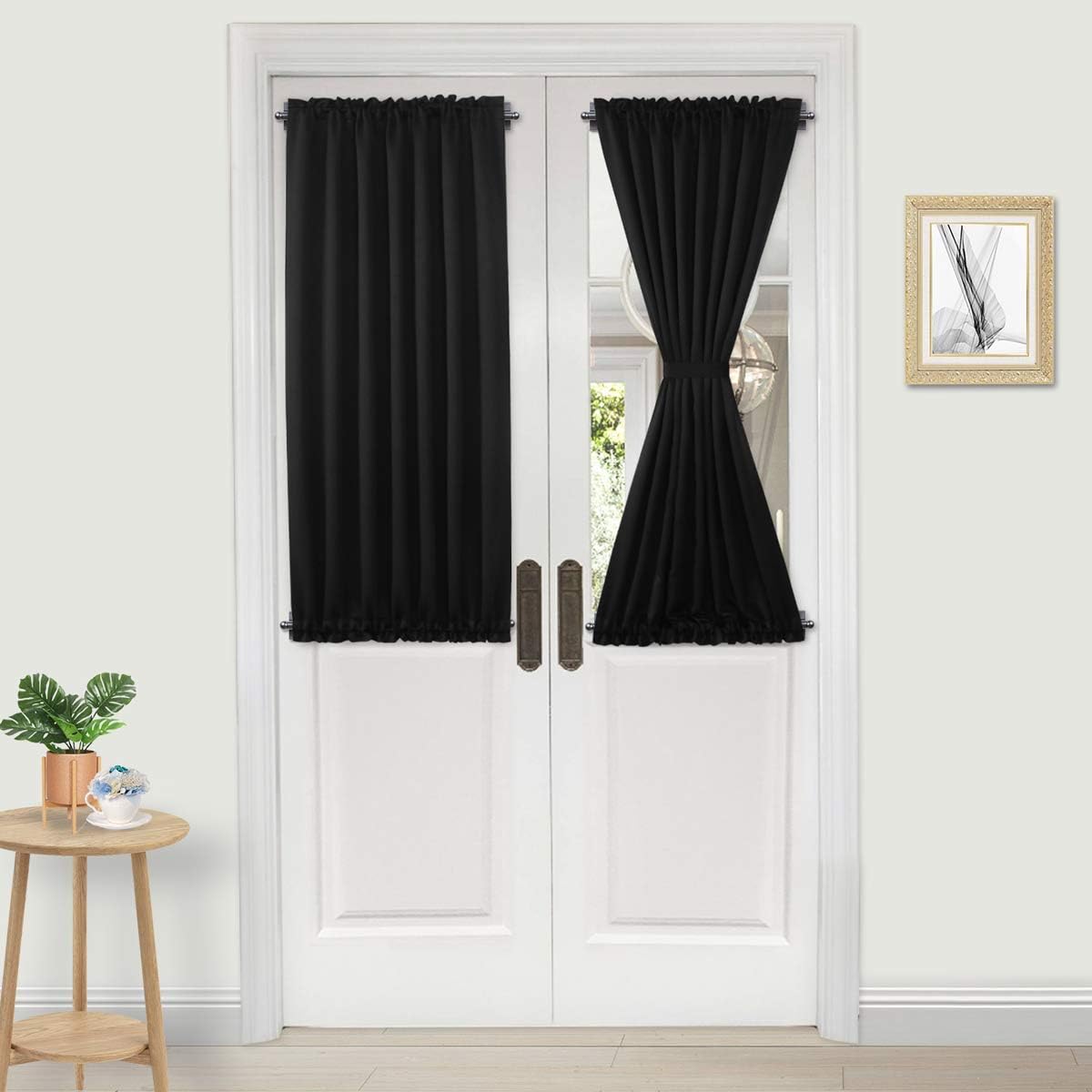 DWCN French Door Curtains – Rod Pocket Thermal Blackout Curtain for Doors with Glass Window, Kitchen and Patio Doors for Privacy, 25 X 40 Inch Length, 1 Curtain Panel with Tieback, Black
