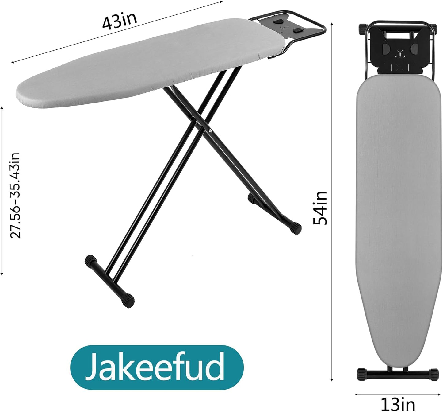 Ironing Board 13" X 43" W/Height Adjustable,Safety Iron Rest,Extra Heavy Cover,Heat & Scorch Resistant Fabric, Anti-Skid Feet,Easy to Fold Gray