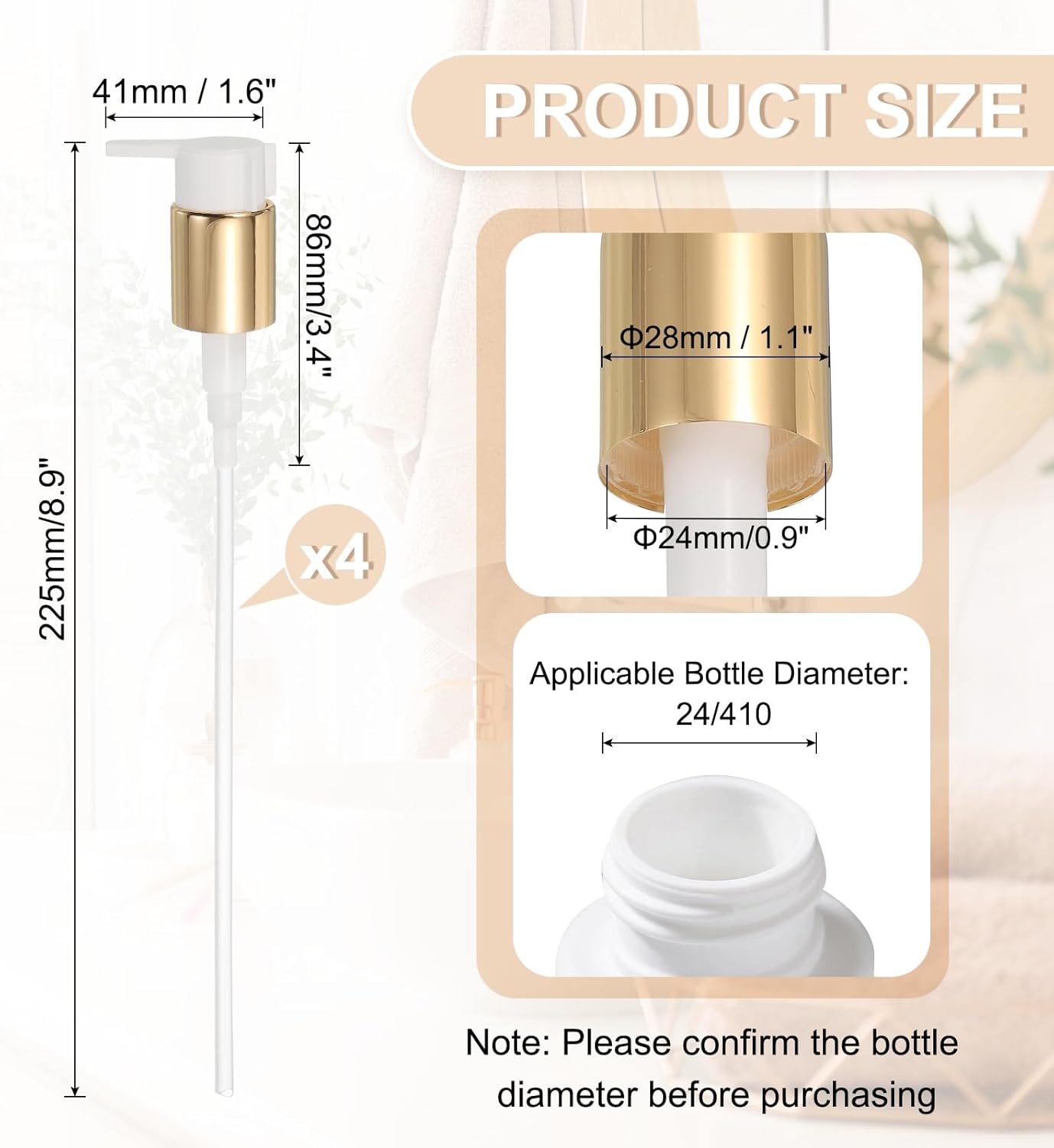 uxcell 4 Pcs Soap Dispenser Pump Heads, Hand Soap Dispensers Top Pumps Replacement Clip-on Pumphead for Standard 24/410 Neck Size Bathroom Lotion Shampoo Bottle, Gold White