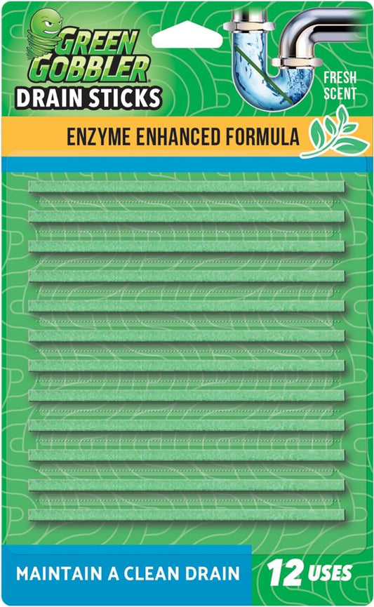 Green Gobbler Drain Cleaner and Deodorizer Sticks with Enzymes - Maintain a Clean Drain, Safe for Pipes and Septic Tanks, Use Monthly - 12 Pack