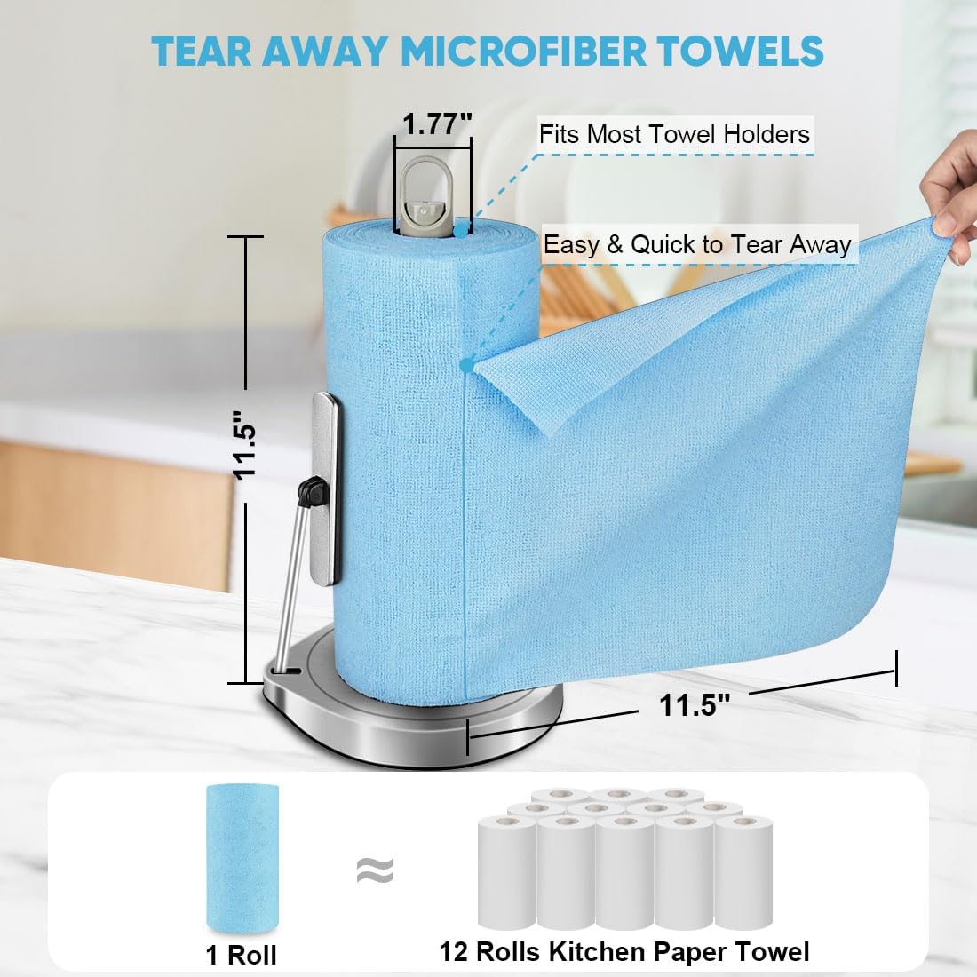 AIDEA Microfiber Cleaning Cloth Roll, 75PK, Reusable Tear Away Paper Towels, Microfiber Towels for Cars, Washable Shop Rags Blue, Lint Free Rags for House, Mechanic, Workshops, 11.5"×11.5"