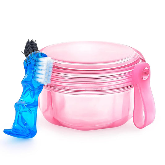 Denture Bath Case Denture Cleaning Cup with Lid Leak Proof, False Teeth Holder Mouthguard Storage Box Retainer Soaking Case for TravelHousehold|Office - Transparent Pink