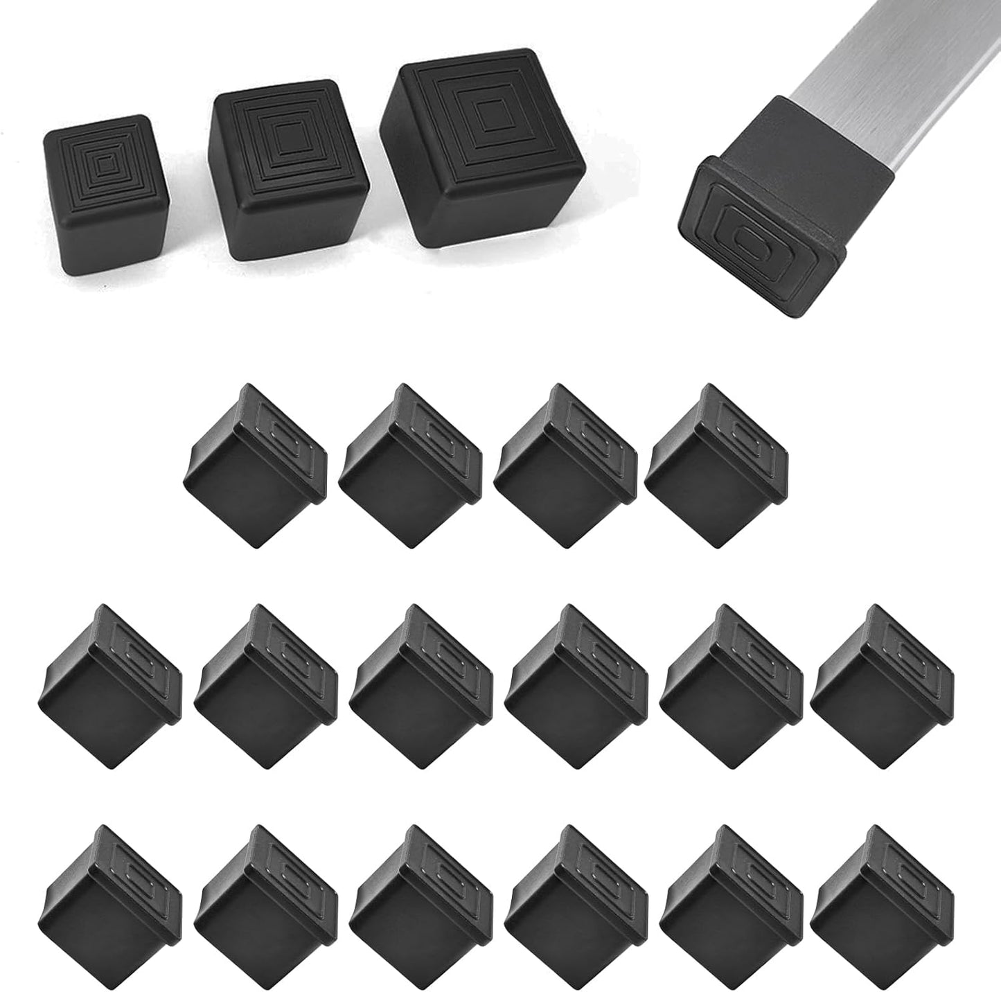 16 Pcs 1-3/4" x 1-3/4" Square Rubber Chair Leg Caps, PVC Table Leg Covers, Flexible & Anti-Slip Furniture Leg End Caps, Chair Leg Floor Protectors for Bar Stool Leg Patio Indoor, Black