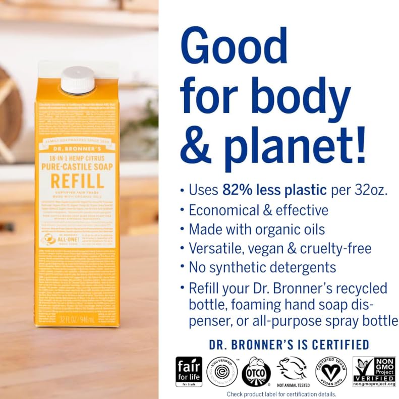 Dr. Bronner's Magic Soap-Pure-Castile Liquid Refill (Citrus, 32 ounce, 2-Pack) - Made with Regenerative Organic Certified Oils, For Body, Hair, Laundry, Pets & Dishes - Concentrated, Vegan, Non-GMO