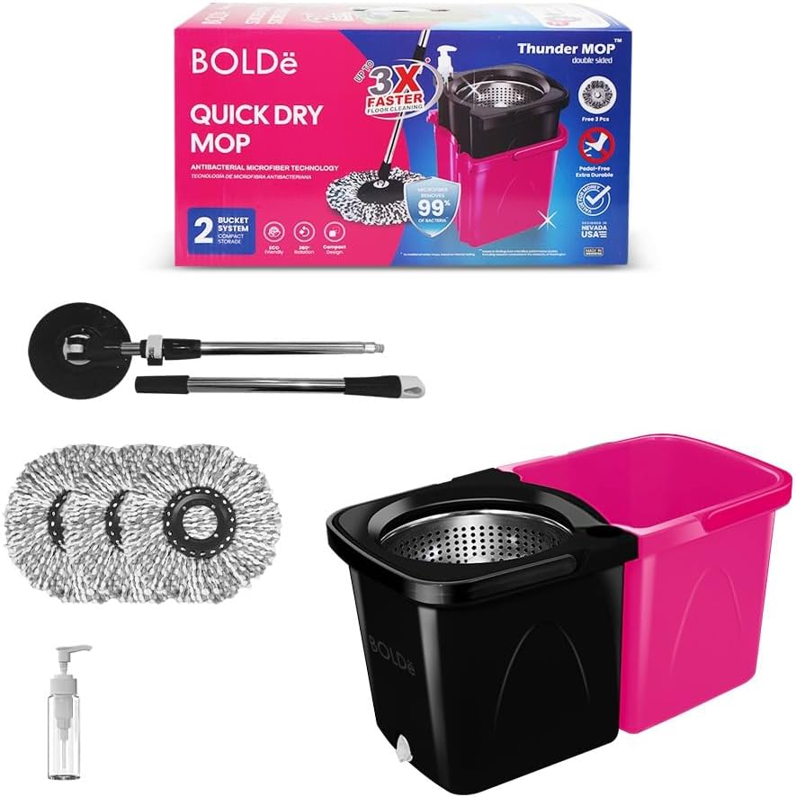 Thunder Mop Spin System - 2 Compact Stackable 6L Buckets, Microfiber Head, Stainless Steel Wringer, Antifungal Quick-Dry Cleaning, Soap Dispenser, 3 Free Refills (Black/Pink)