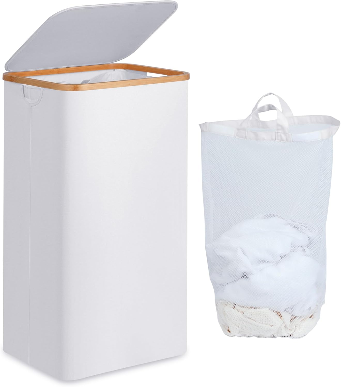 efluky Laundry Hamper with Lid, 100L Tall Laundry Basket with Bamboo Handles for Clothes and Toys, Collapsible Laundry Hamper with Inner Bag for Bedroom and Bathroom, White