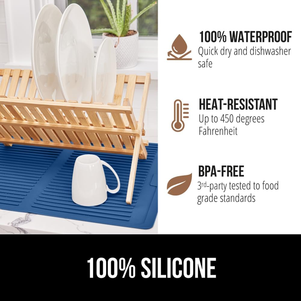 GORILLA GRIP 100% BPA-Free Patented Silicone Dish Drying Mat for Kitchen Counter, Water Catching Ribbed Design, Easy Clean Waterproof Sink Liner, Heat Resistant, Fits Under Rack, 16x12 Inch, Blue