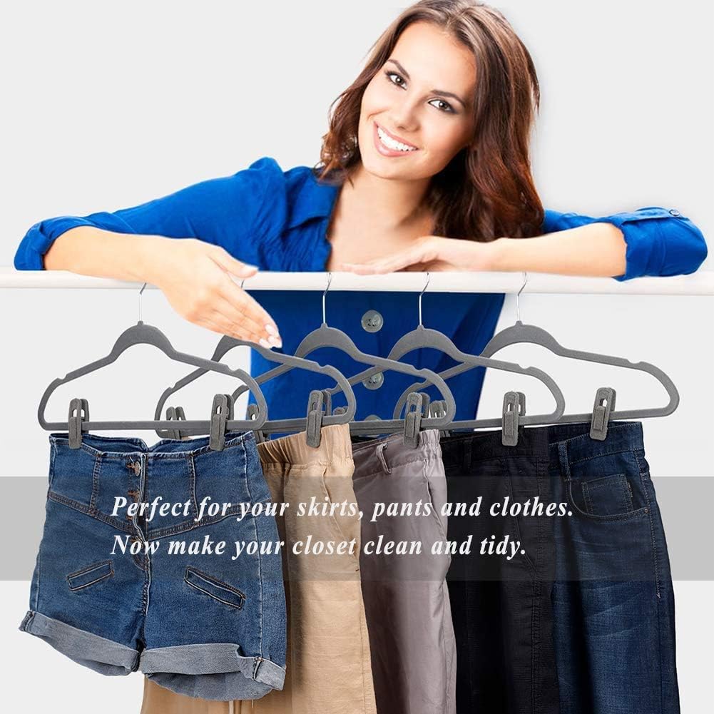 Grey Hanger Clips for Velvet Hangers - 40 PCS Gray Nonslip Velvet Hanger Clips, Skirt Hanger Flocking Clips Fit for Slim Velvet Hangers