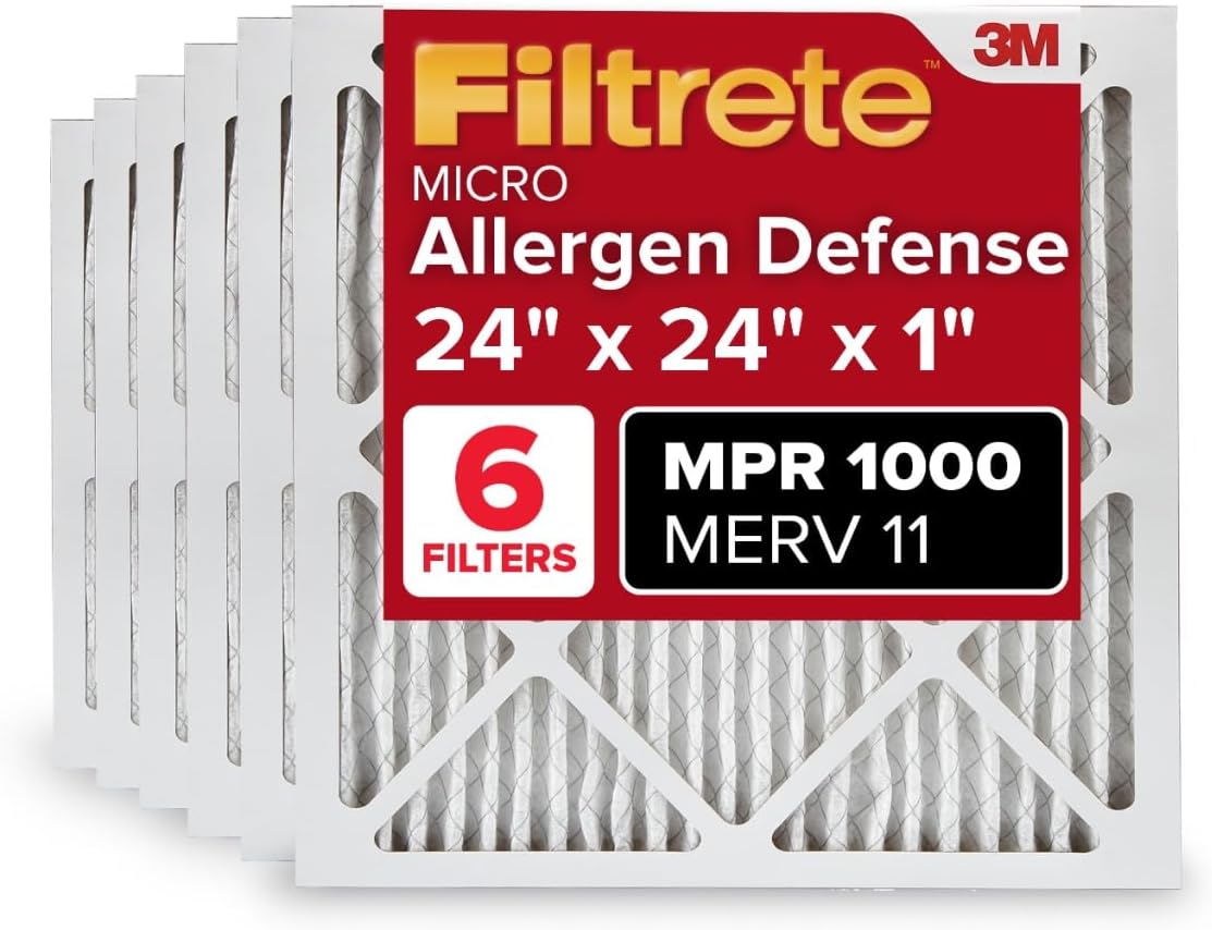 Filtrete 24x24x1 AC Furnace Air Filter, MERV 11, MPR 1000, Micro Allergen Defense, 3-Month Pleated 1-Inch Electrostatic Air Cleaning Filter, 6 Pack (Actual Size 23.81x23.81x0.81 in)