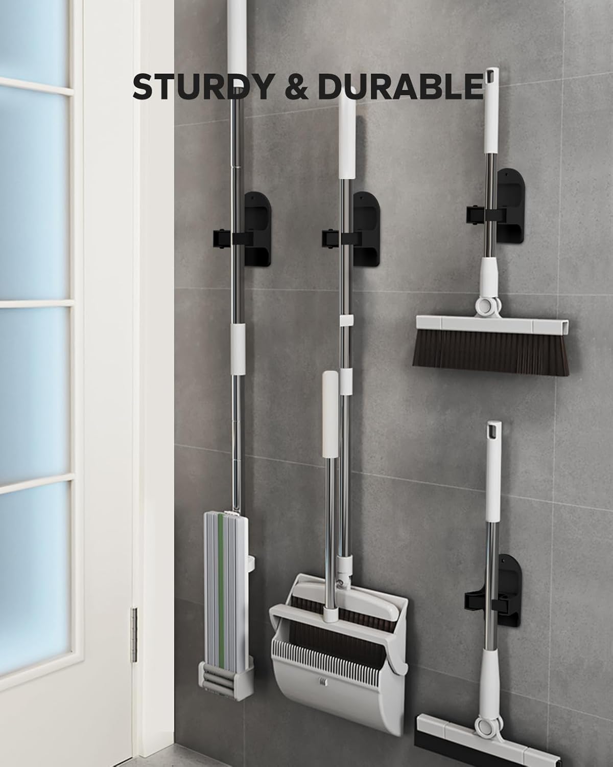 Broom Holder Wall Mount (Black 4 Count), Broom Holder, Broom and Mop Organizer Wall Hanging, Mop and Broom Holder Wall Mount, Broom Organizer Wall Mount for Home, Kitchen, Garage Storage