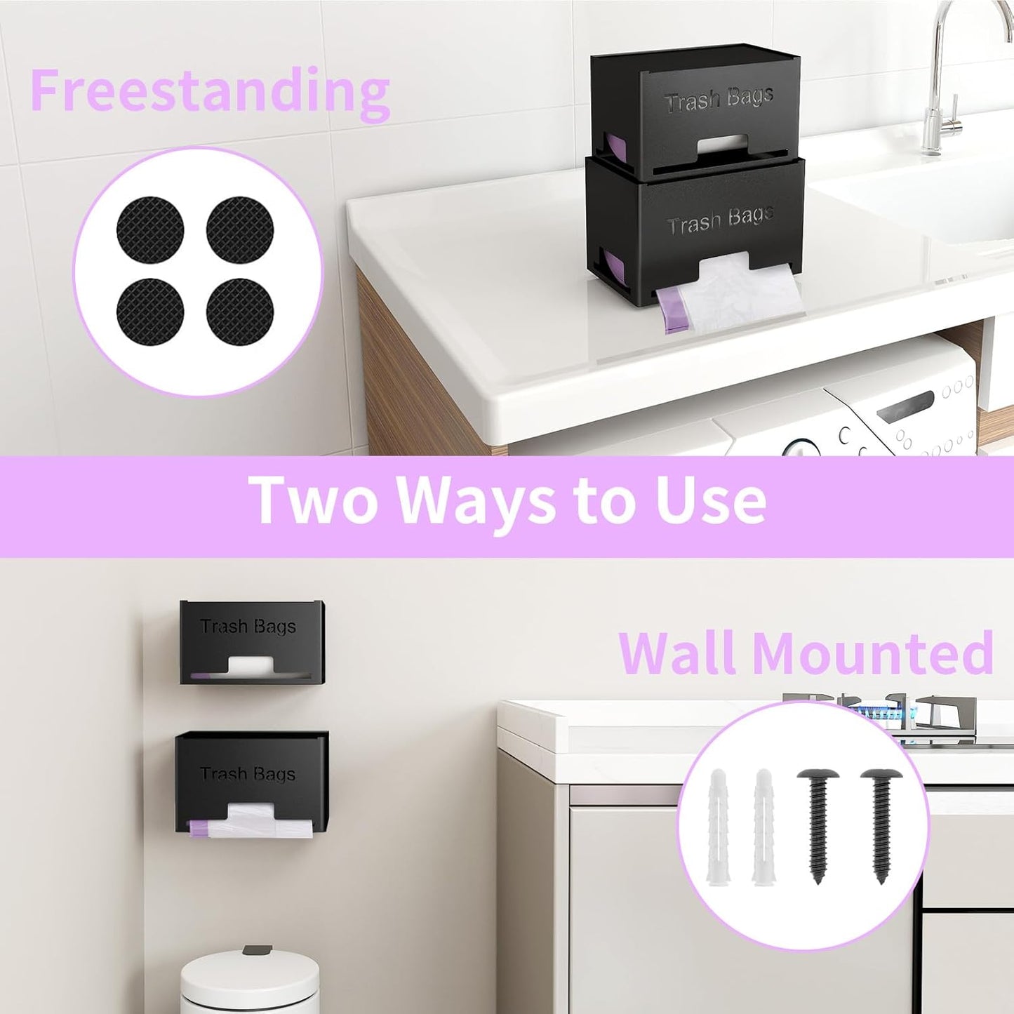 2-Pack Trash Bag Holder Dispenser, Stackable Garbage Bag Dispenser, Extra Large Trash Organizer for Kitchen Laundry Under Sink, Wall Mounted or Freestanding, Metal Black