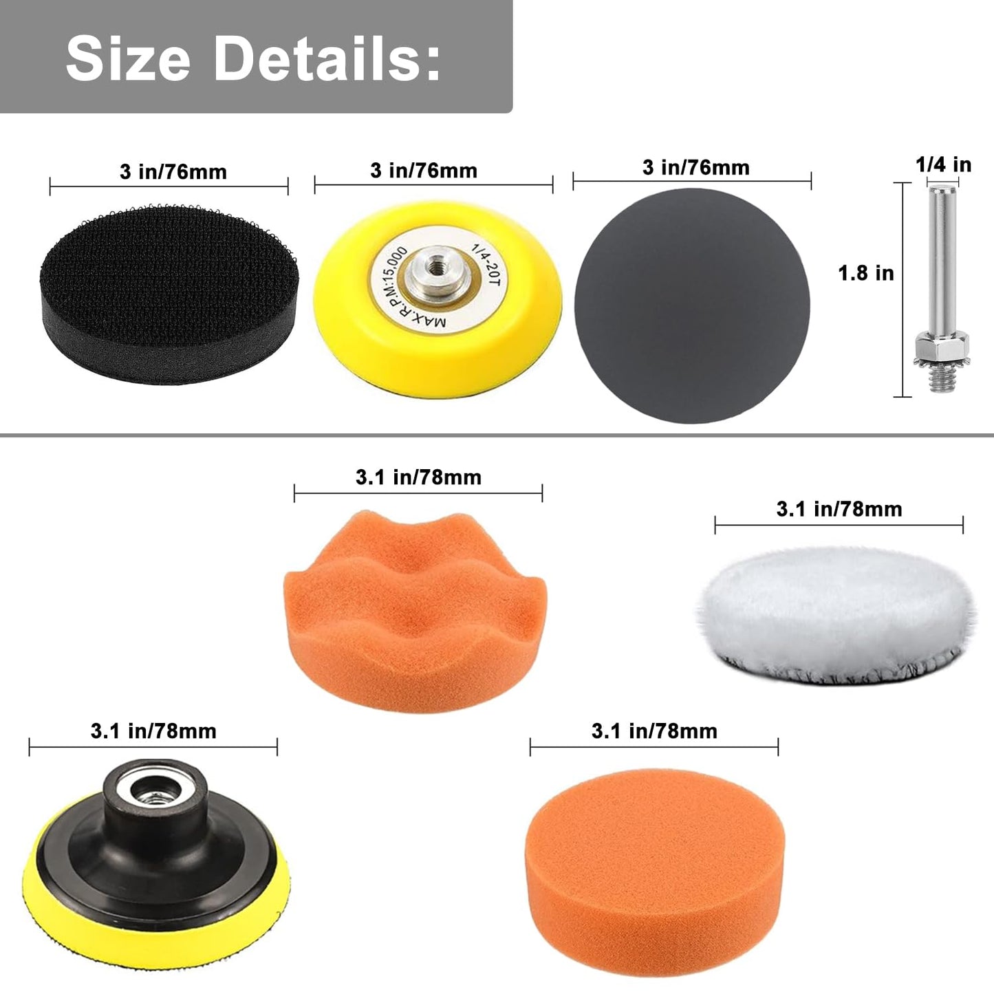 3 Inch Sanding Disc Drill Polishing Kit Sanding Attachment, 150 Pcs Wet Dry Car Headlight Restoration Kit Hook and Loop Sandpaper with 1/4" Shank, Backing Pads, Interface Pads and Polishing Pads