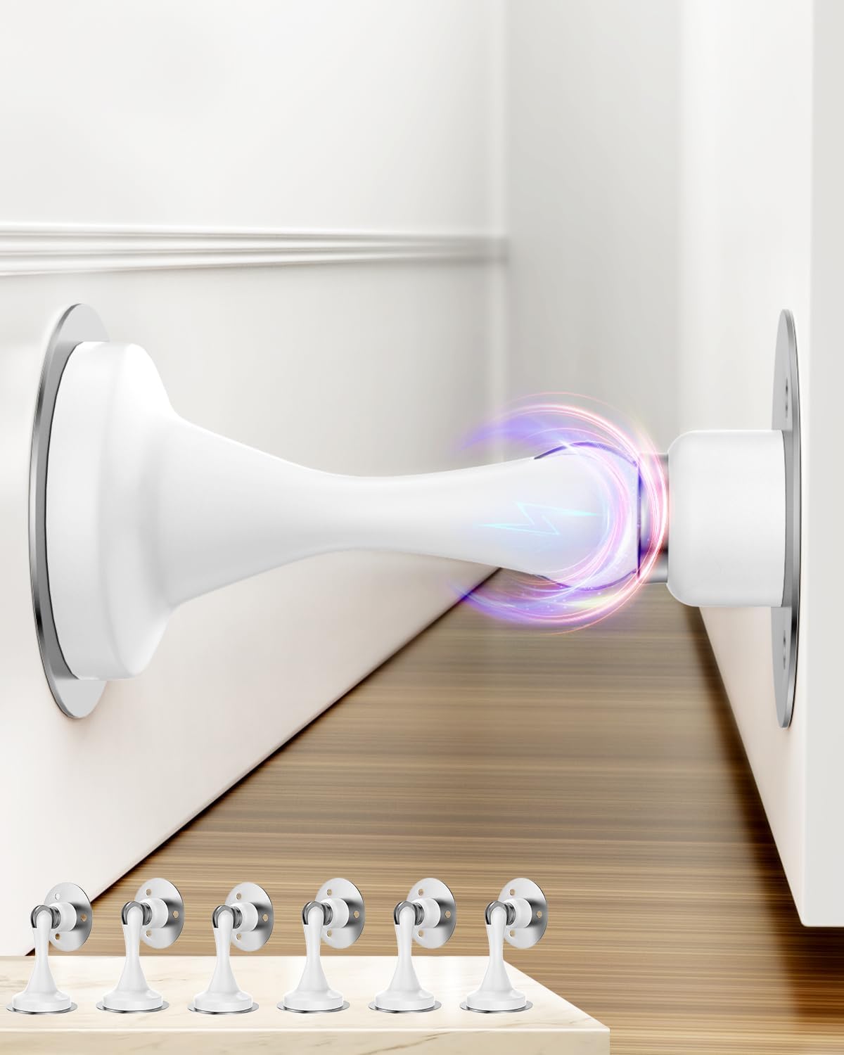 Door Stoppers Magnetic Door Catch - 6 Pack Stainless Steel Heavy Duty Door Stops for Bottom of Door, Wall & Floor Mounting No-Drill Strong Adhesive & Screws, Strong Door Holder to Keep Door Open,White