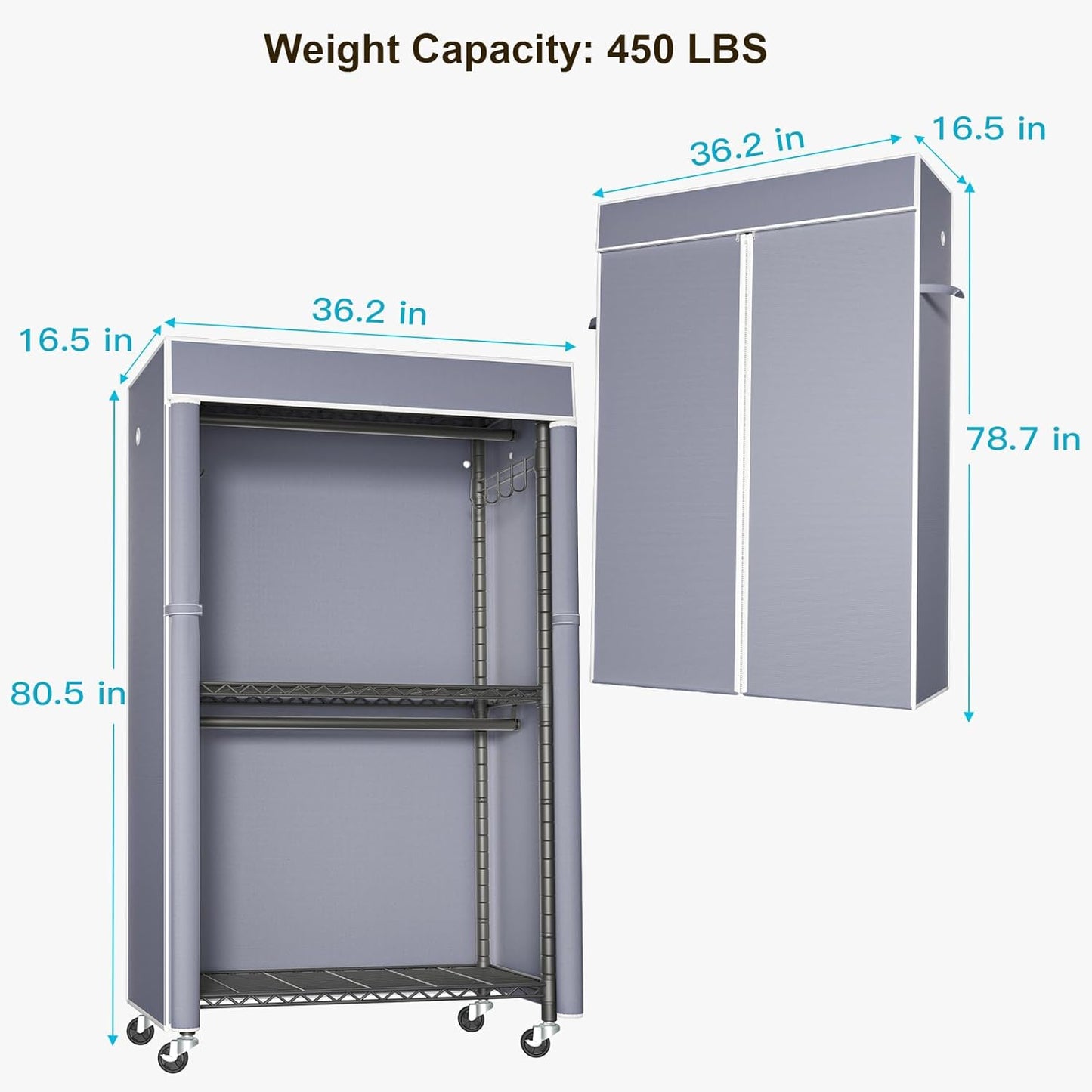 FUTASSI Black Clothing Rack with Grey Cover, P1C Rolling Closets with Wheels, Metal Garment Rack for Hanging Clothes, Clothing Storage Wardrobe, 36.2" W x 16.5" D x 80.5" H, Load 450 Pounds