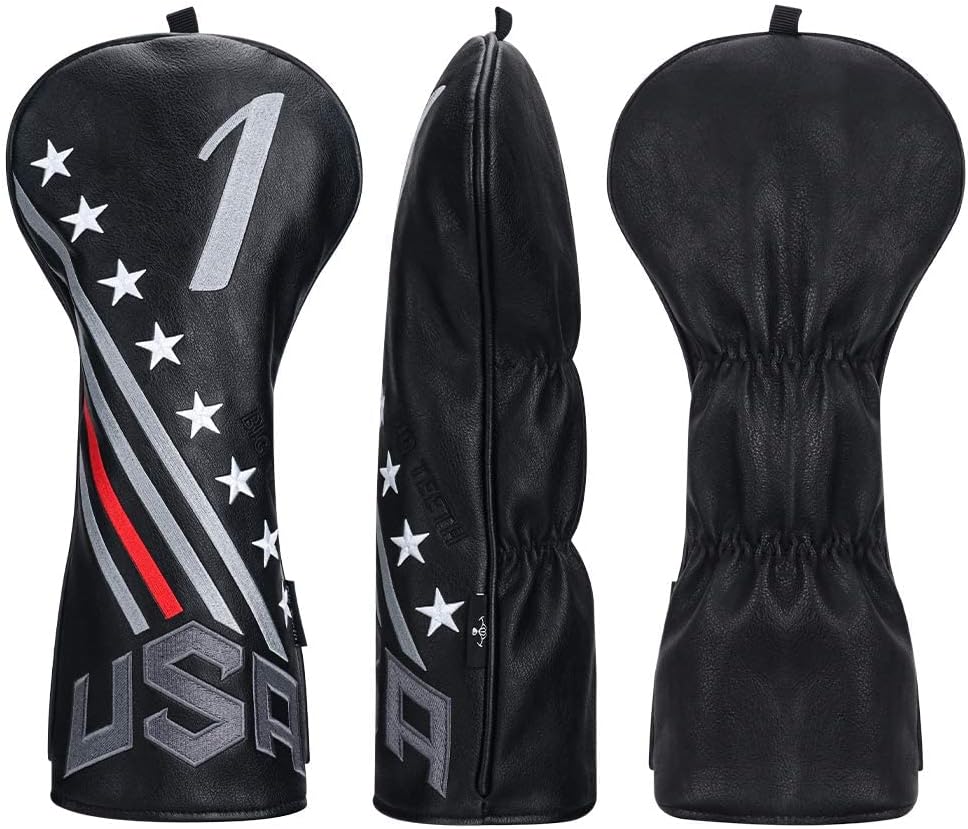 Big Teeth Golf Cover USA Stripe and Star Headcover Covers, Driver Fairway Wood Hybrid Headcovers Fits Blade Mallet Putter Iron and Woods with Magnetic Club Protector Pu Leather Golf Accessories