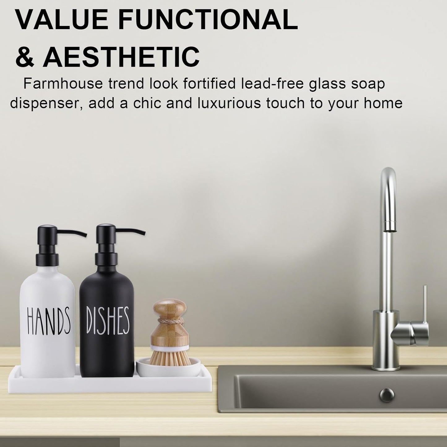 Glass Soap Dispenser for Kitchen, Farmhouse Dish Soap Dispenser&Hand Soap Dispenser Set,Rustproof Pump Soap Lotion Dispenser Set with Tray and Dish Brush,Kitchen Decor(Black&White)