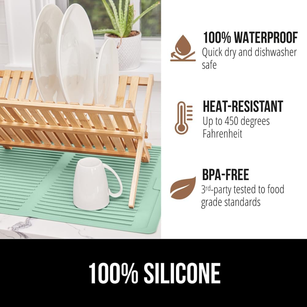 GORILLA GRIP 100% BPA-Free Patented Silicone Dish Drying Mat for Kitchen Counter, 18x24 Inch, Water Catching Ribbed Design, Easy Clean Waterproof Sink Liner, Heat Resistant, Fits Under Rack, Mint