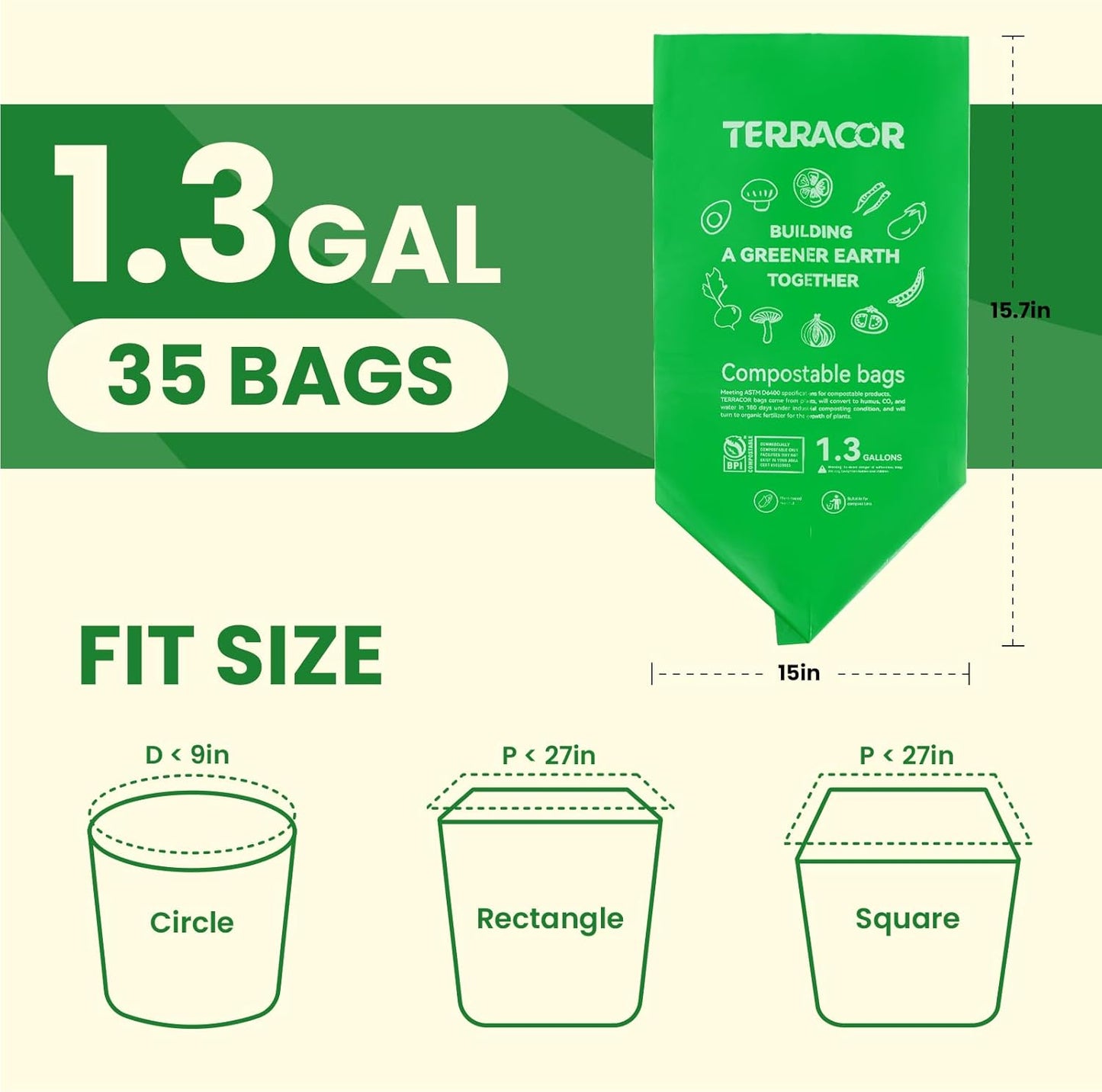 1.3 to 1.6 Gallon Compostable Trash Bags, 35 Count Green Compost Bags for Countertop Bin, Food Waste, Dispenser Packs Organic Biodegradable Bags BPI Certified Meet ASTM D6400 Standard