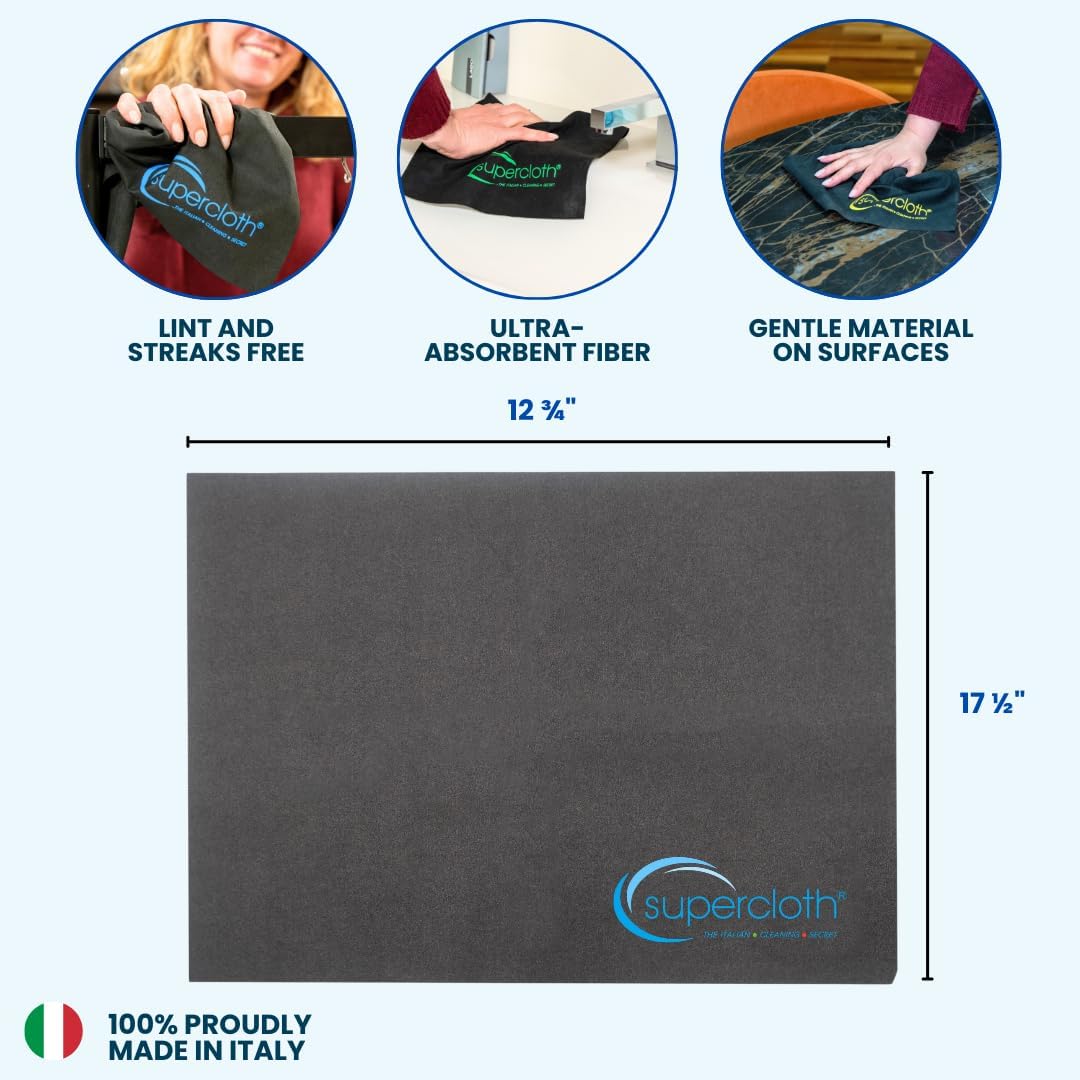 Supercloth® Premium Microfiber Cleaning Cloth for All-Purpose, Lasts Over 5 YEARS, Glasses Cleaning Cloth, Microfiber Cleaning Cloth for Cars, Magic Reusable Cloth Streak-Free 100% Made in Italy (2pk)