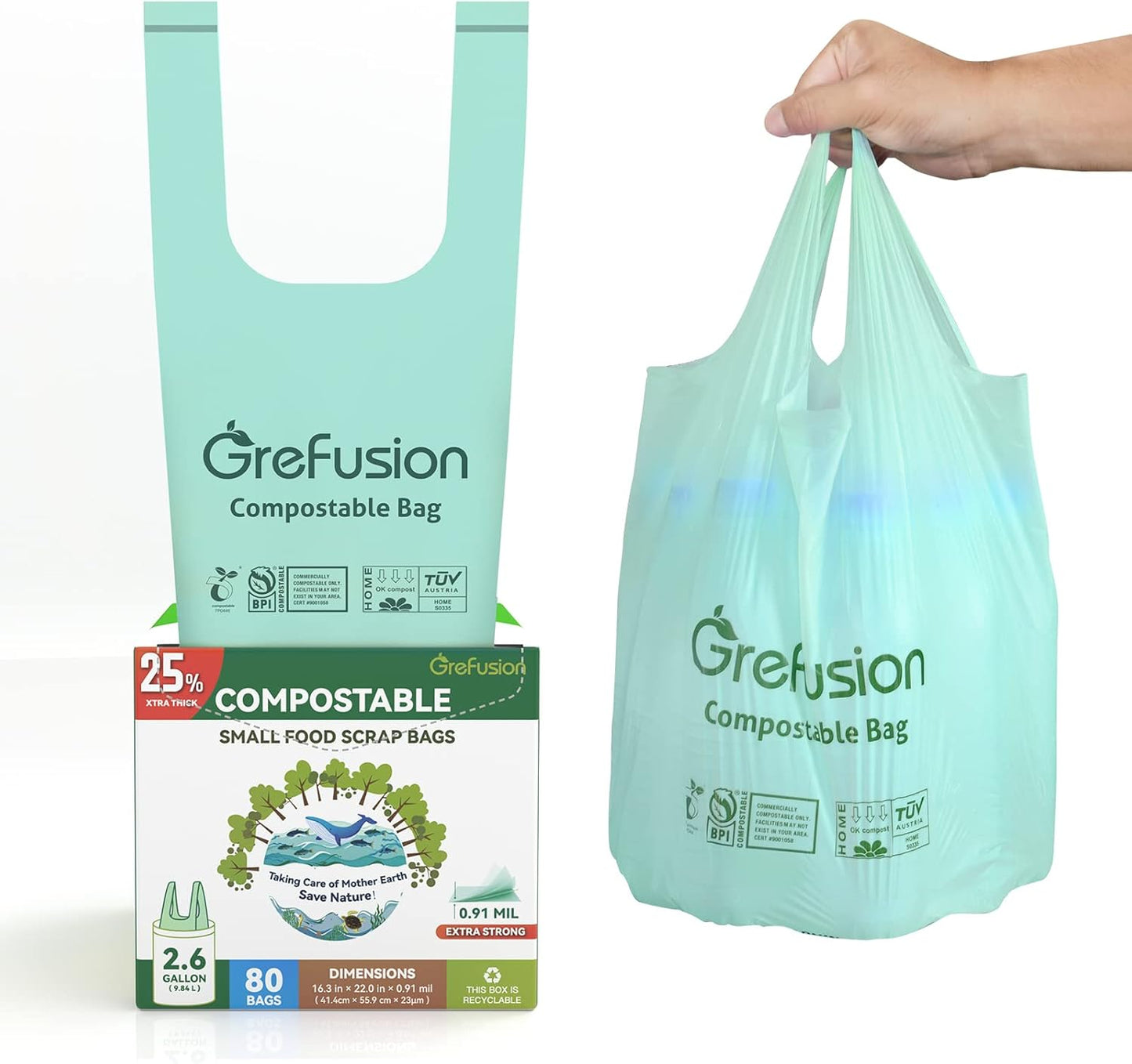 Compostable trash Bags, 2.6 Gallon,Thick 0.91 mils,Compost bin Kitchen,Food Scrap Waste Bags,Small trash bags for compost bin kitchen,Certified by BPI and OK Compost, (80 Count)