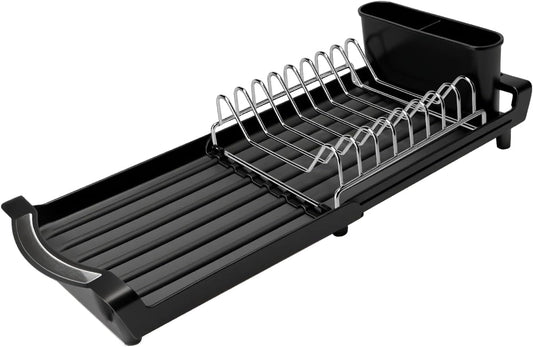 Dish Drying Rack Compact Expandable - A Space-Saving, Stainless Steel, Rust-Resistant Dish Drainer for Kitchen and Apartment Countertops/Sink Cabinets, Extendable from 11.42 to 19.9 inches(Black)