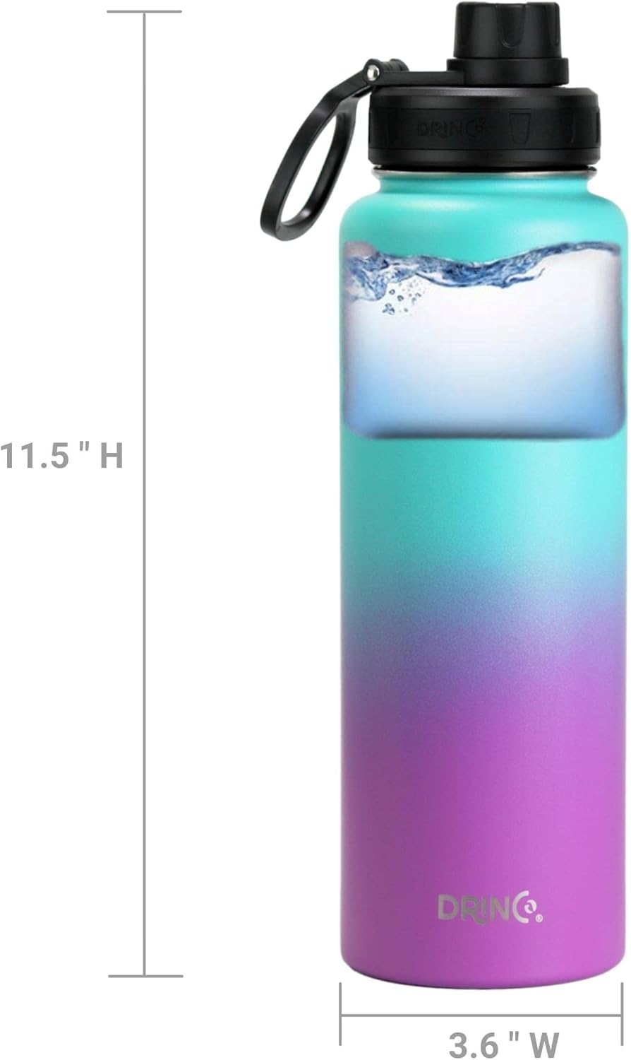 DRINCO Stainless Steel Water Bottle Spout Lid Vacuum Insulated Double Wall Water Bottle Wide Mouth (40oz 32oz 22oz 18oz 14oz) Leak Proof Keep Cold Sport Camping Hiking (40 oz, 40oz Ombre Fuchsia Teal)