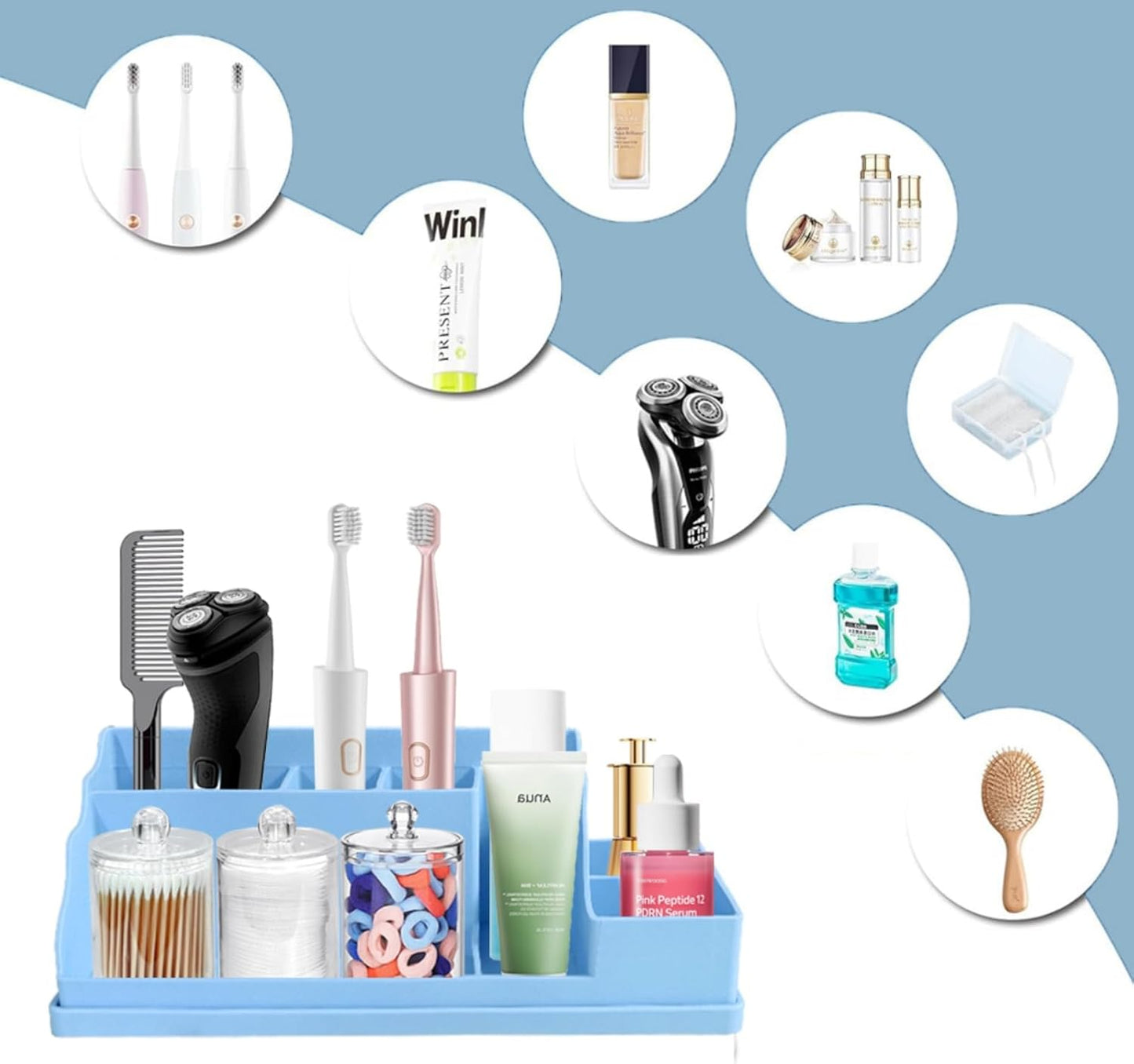 Silicone Multifunctional Bathroom Organizer Countertop,7Compartment Silicone Cosmetics Storage Organizer, Bathroom Countertop Accessories Storage,Toothbrush Stand for Vanity Office Sink, Blue