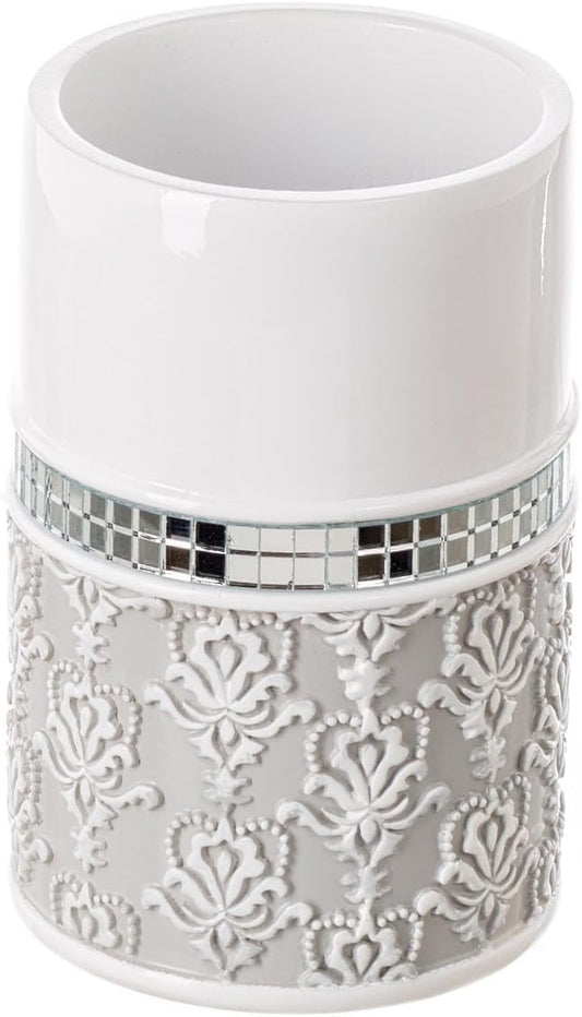 Creative Scents Mirror Damask Bathroom Cup - Electric Toothbrush and Toothpaste Holder for Bathroom, Gray & White Tooth Brush Holder Tumbler Cup for Toothbrushes, Toothpaste, Makeup Brushes or Rinsing