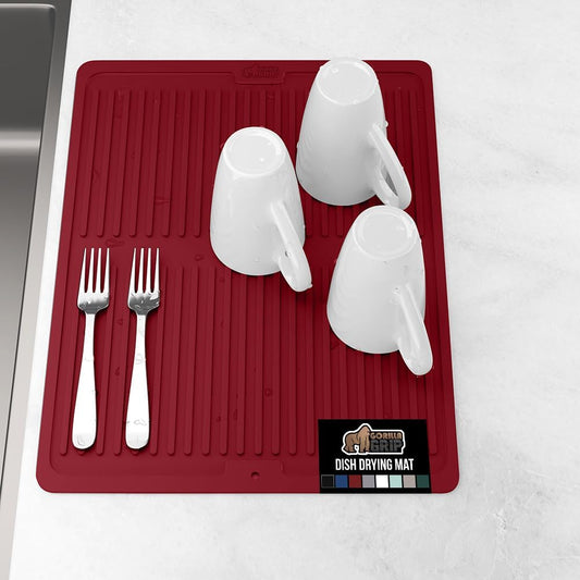 GORILLA GRIP 100% BPA-Free Patented Silicone Dish Drying Mat for Kitchen Counter, Water Catching Ribbed Design, Easy Clean Waterproof Sink Liner, Heat Resistant, Fits Under Rack, 16x12 Inch, Red