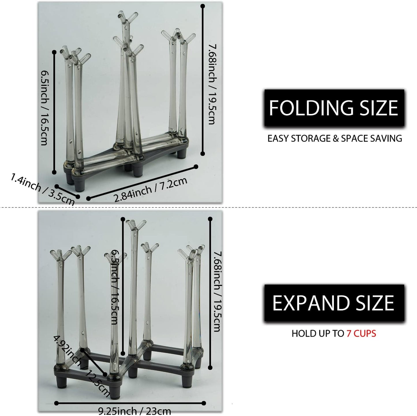 2 Pcs Cup Drying Racks Set, Retractable Drinking Glass & Baby Bottle Drainer Stand, PP Material Mug Draining Organizer, Kitchen Countertop Dishes Holder, Gray