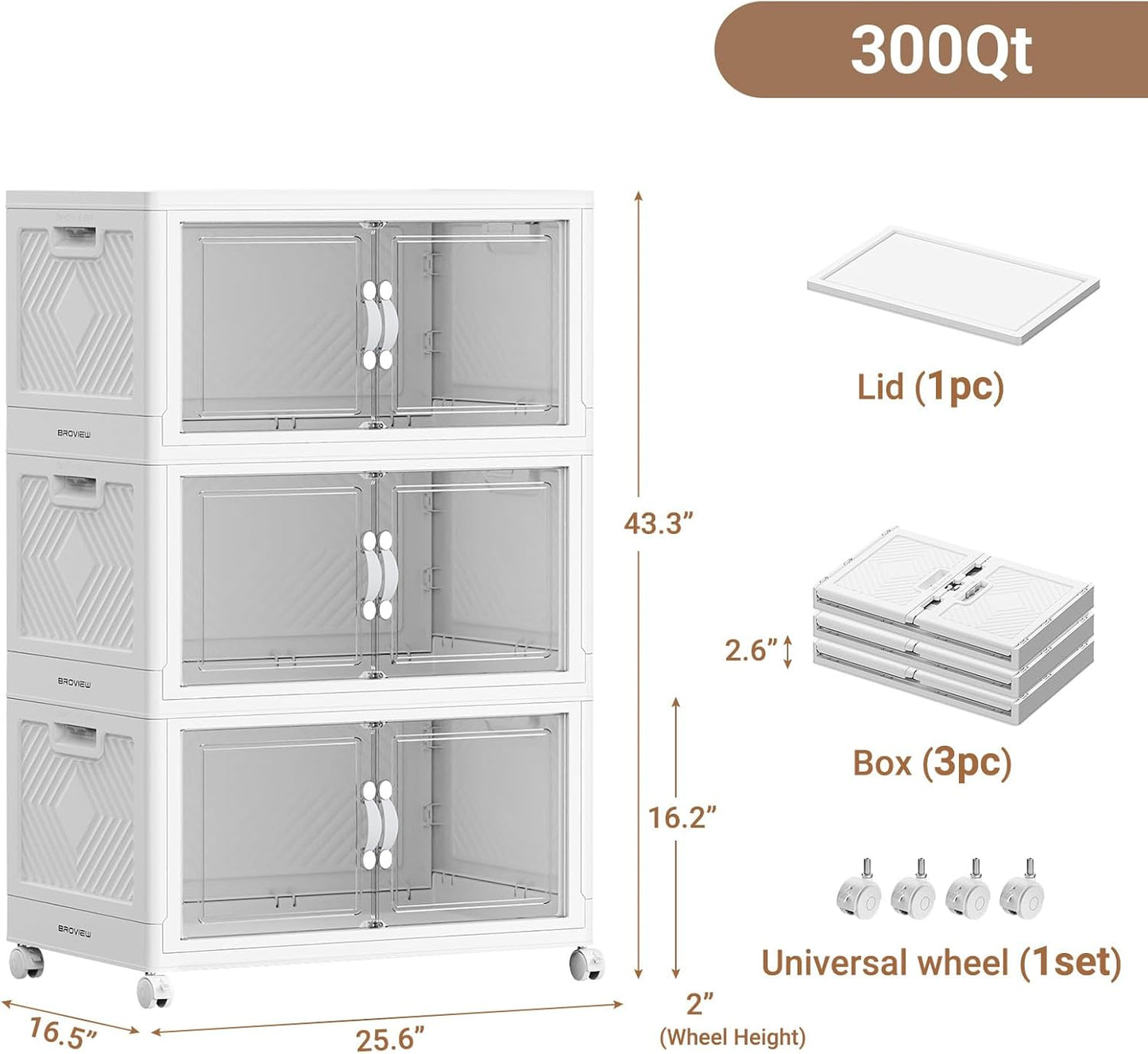 BROVIEW 300QT Extra Large Stackable Storage Bins, 75Gal Clear Plastic Closet Organizer Cabinet with Lid and Wheels, Collapsible Latch Boxes Folding Drawer with Door for Home Kitchen, V20 3Pack White