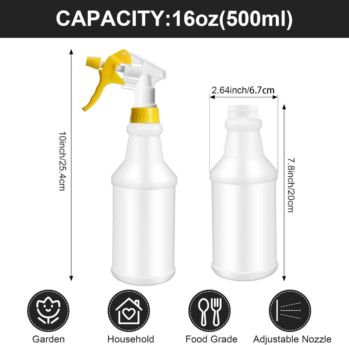 Eccliy 12 Pcs 16 Oz Plastic Spray Bottle, Adjustable Empty Reusable Sprayer for Cleaning, Planting, Water, Bathroom and Kitchen, BBQ, Commercial and Residential(Black, Yellow,Original)