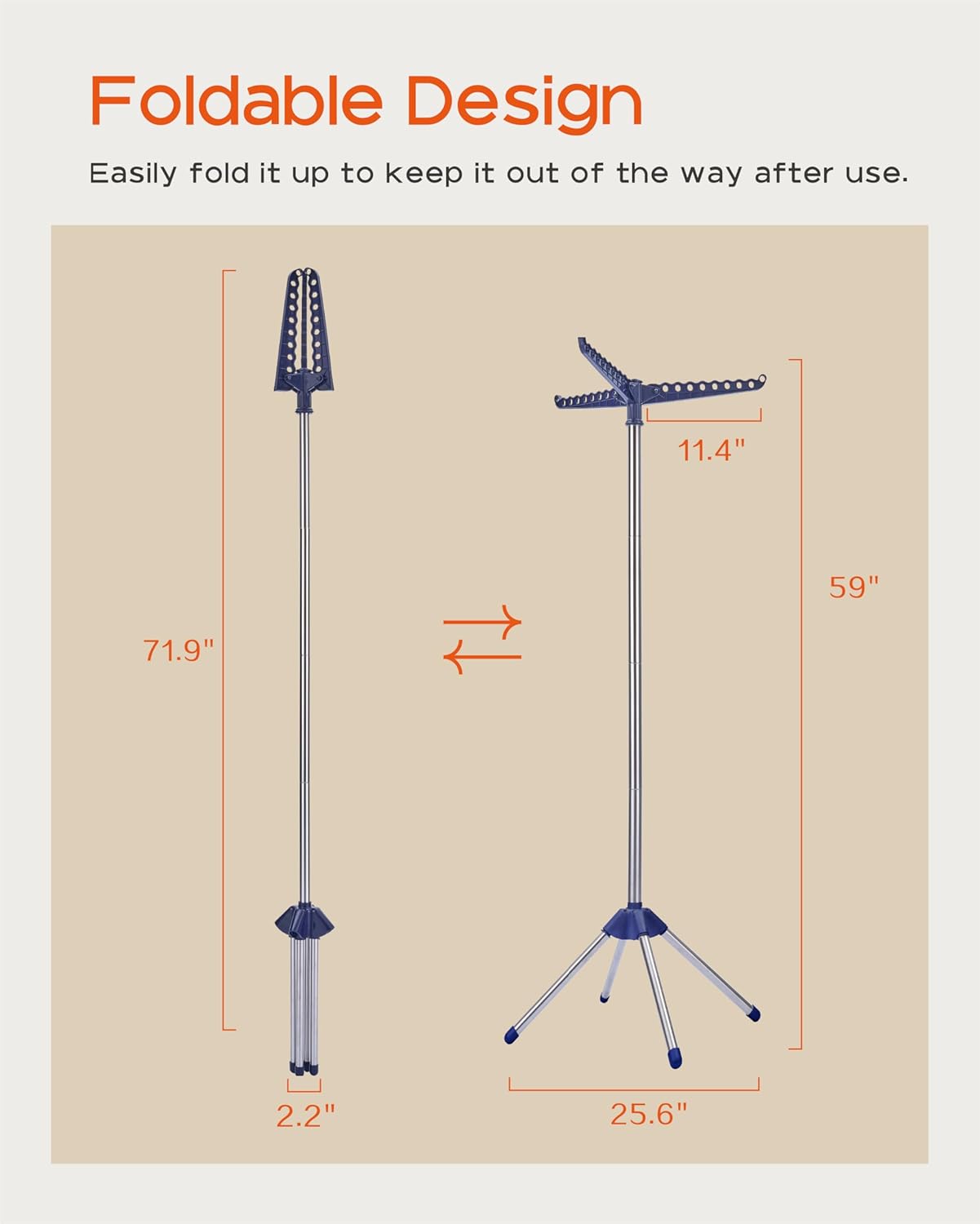 Clothes Drying Rack Foldable, 59 inch Tripod Laundry Drying Rack Indoor with Rotating Clothes Rail for 27 Pieces of Clothes, Space Saving, Blue and Silver CDR001Q01